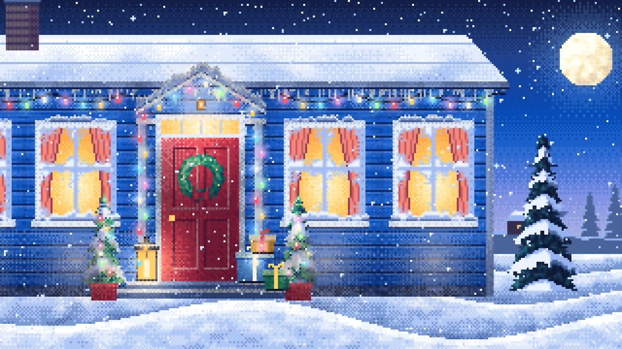 Blue Pixel Art Christmas Front Door at Night desktop wallpaper in 4K