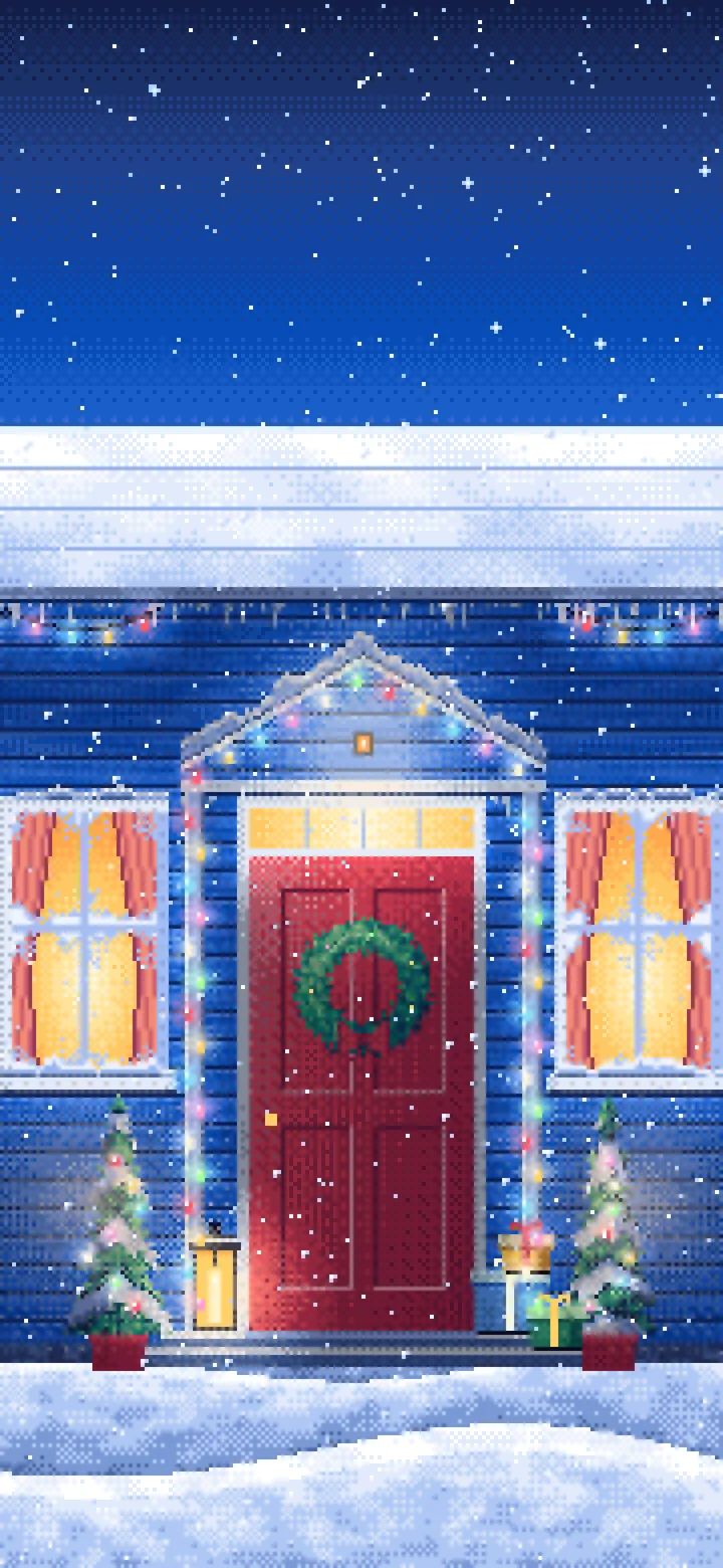 Blue Pixel Art Christmas Front Door at Night wallpaper for iPhone and Android