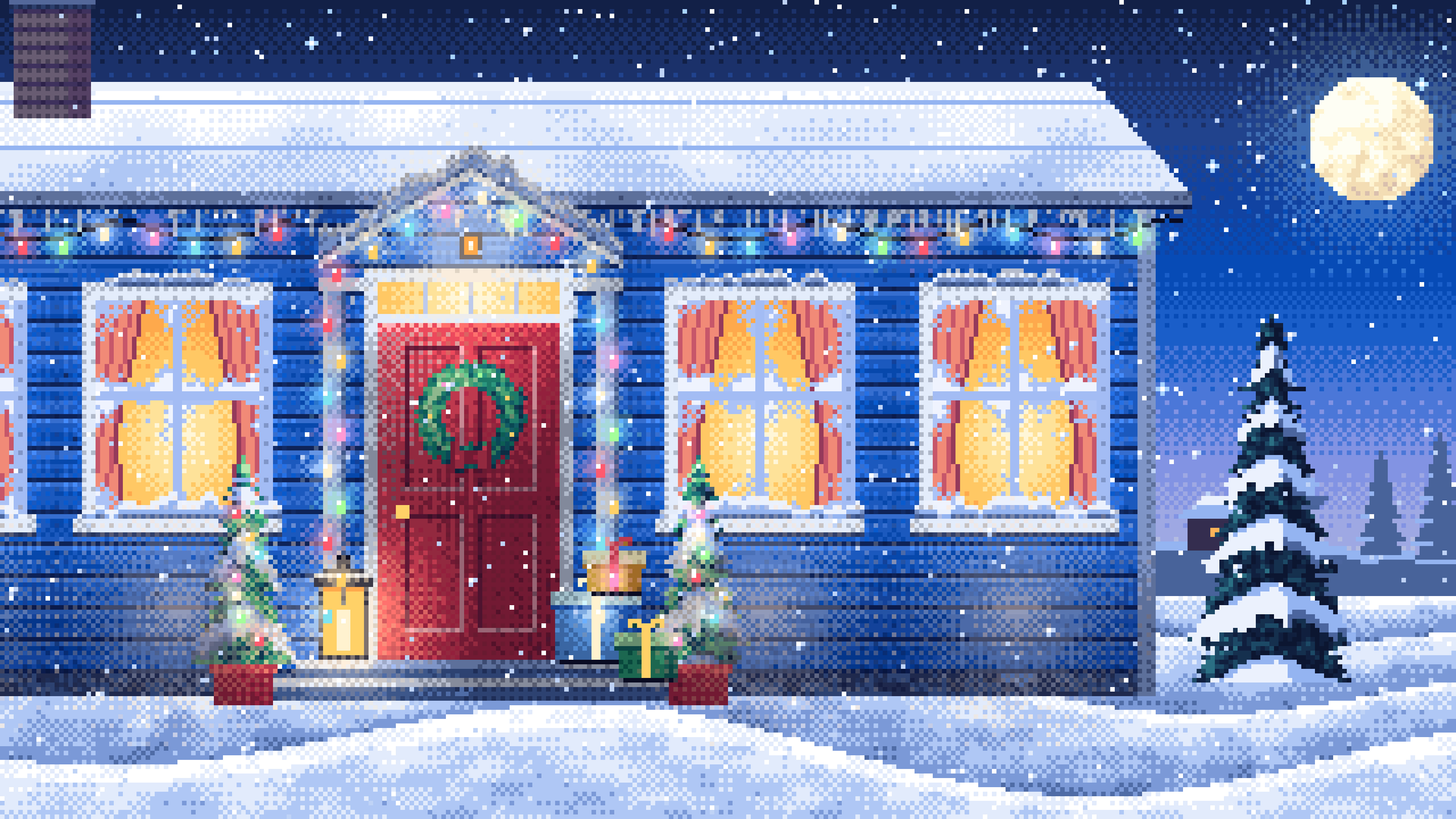 Blue Pixel Art Christmas Front Door at Night desktop wallpaper in 4K