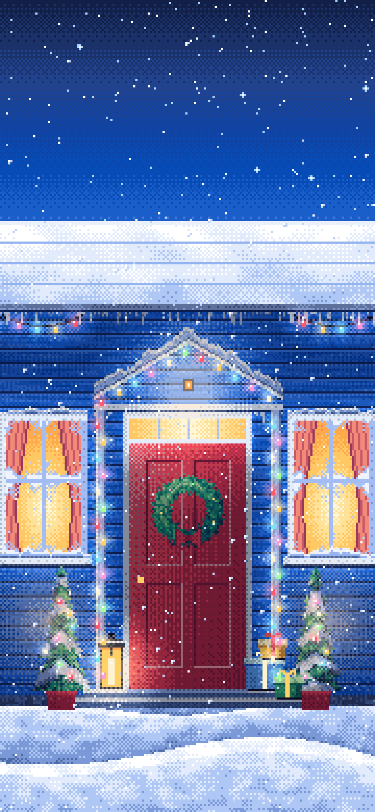 Blue Pixel Art Christmas Front Door at Night wallpaper for iPhone and Android