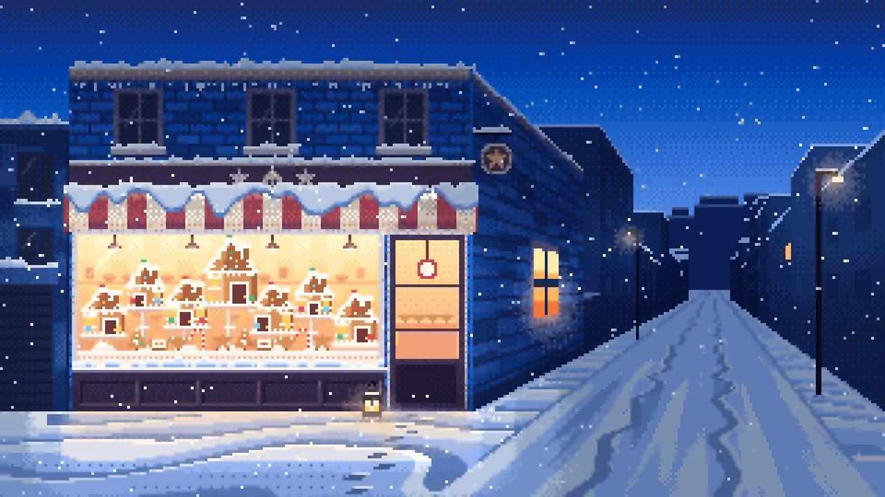 Blue Pixel Art Christmas Gingerbread Bakery desktop wallpaper in 4K