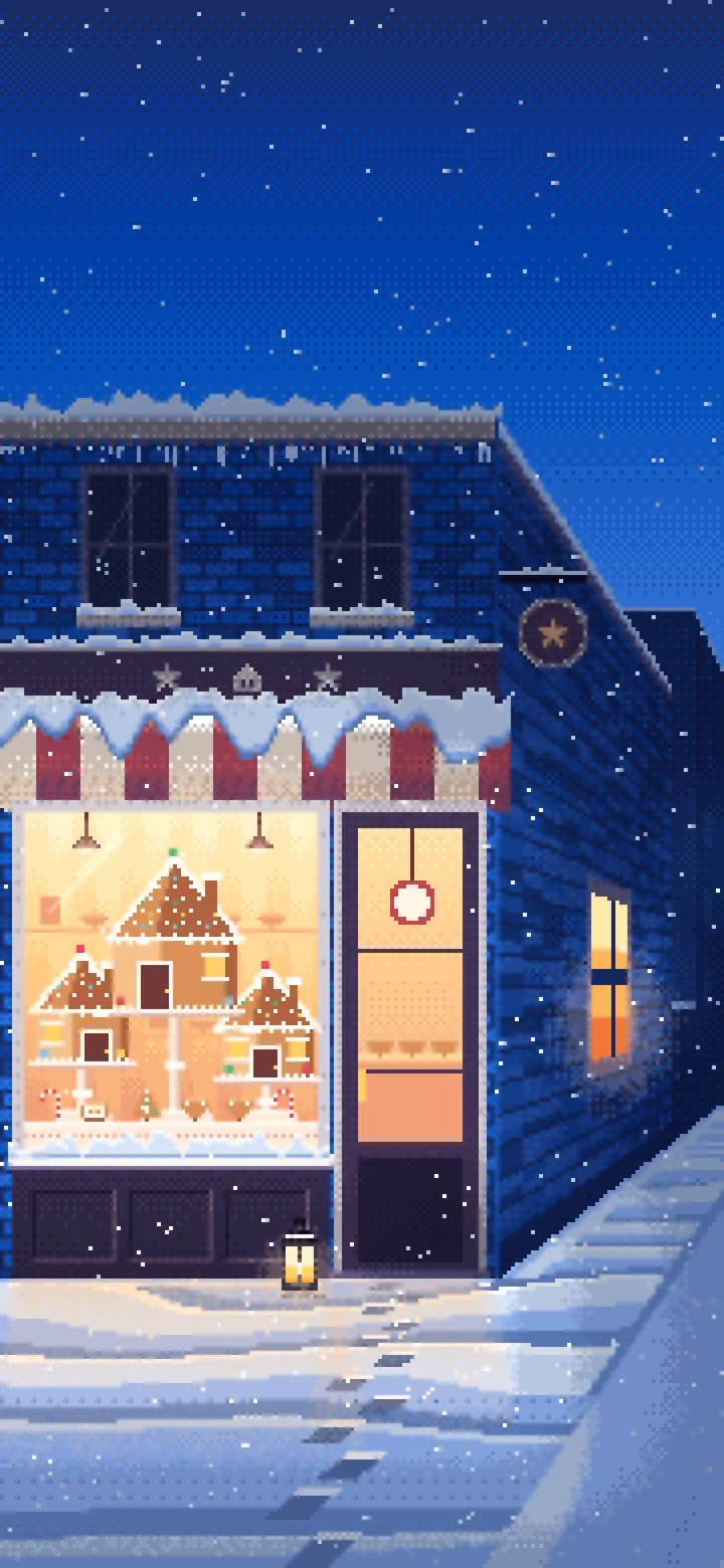Blue Pixel Art Christmas Gingerbread Bakery wallpaper for iPhone and Android