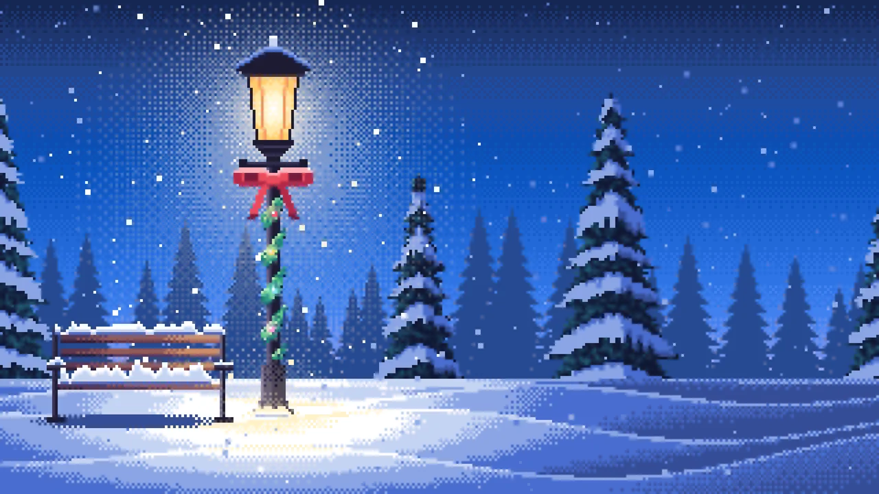Blue Pixel Art Christmas Lamp Post in the Snow desktop wallpaper in 4K