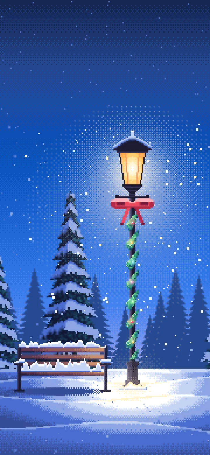 Blue Pixel Art Christmas Lamp Post in the Snow wallpaper for iPhone and Android