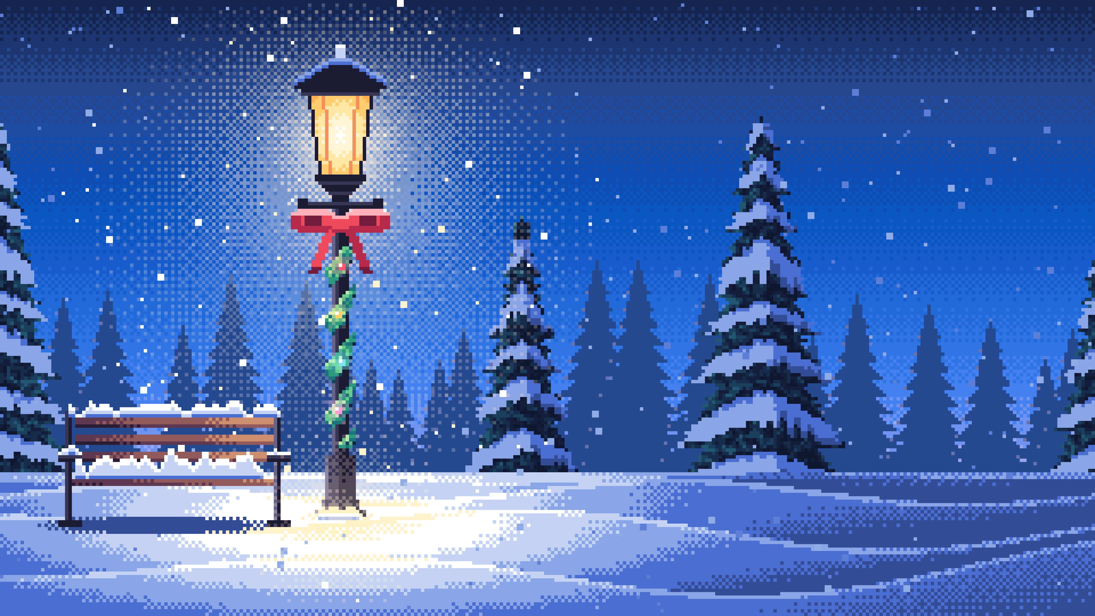 Blue Pixel Art Christmas Lamp Post in the Snow desktop wallpaper in 4K