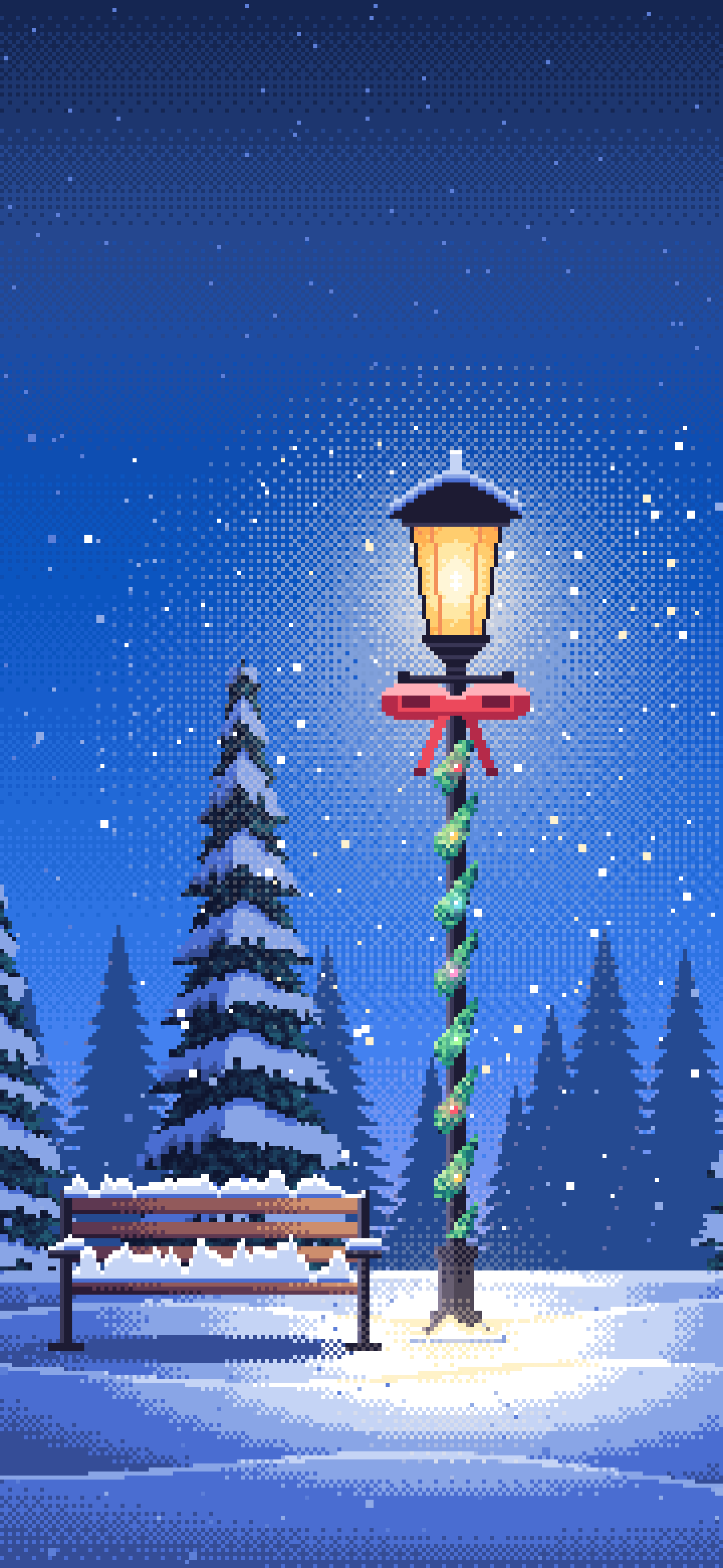 Blue Pixel Art Christmas Lamp Post in the Snow wallpaper for iPhone and Android