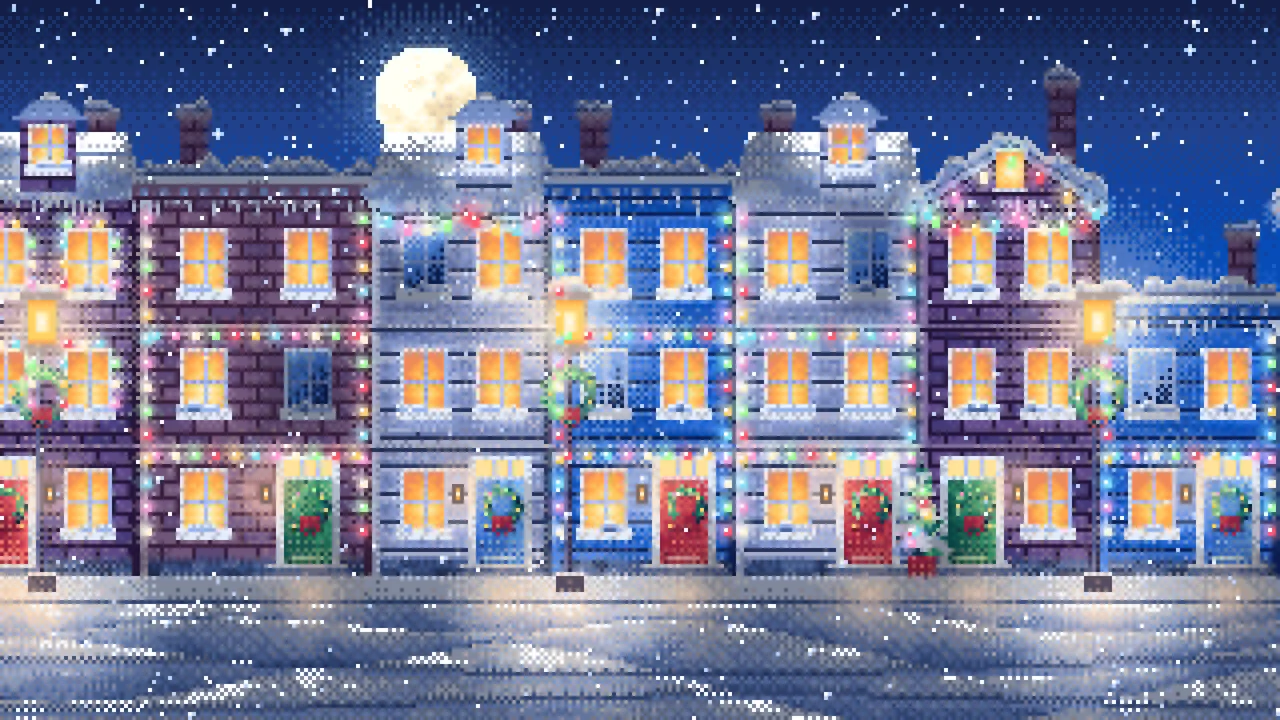 Blue Pixel Art Christmas Lights Street at Night desktop wallpaper in 4K