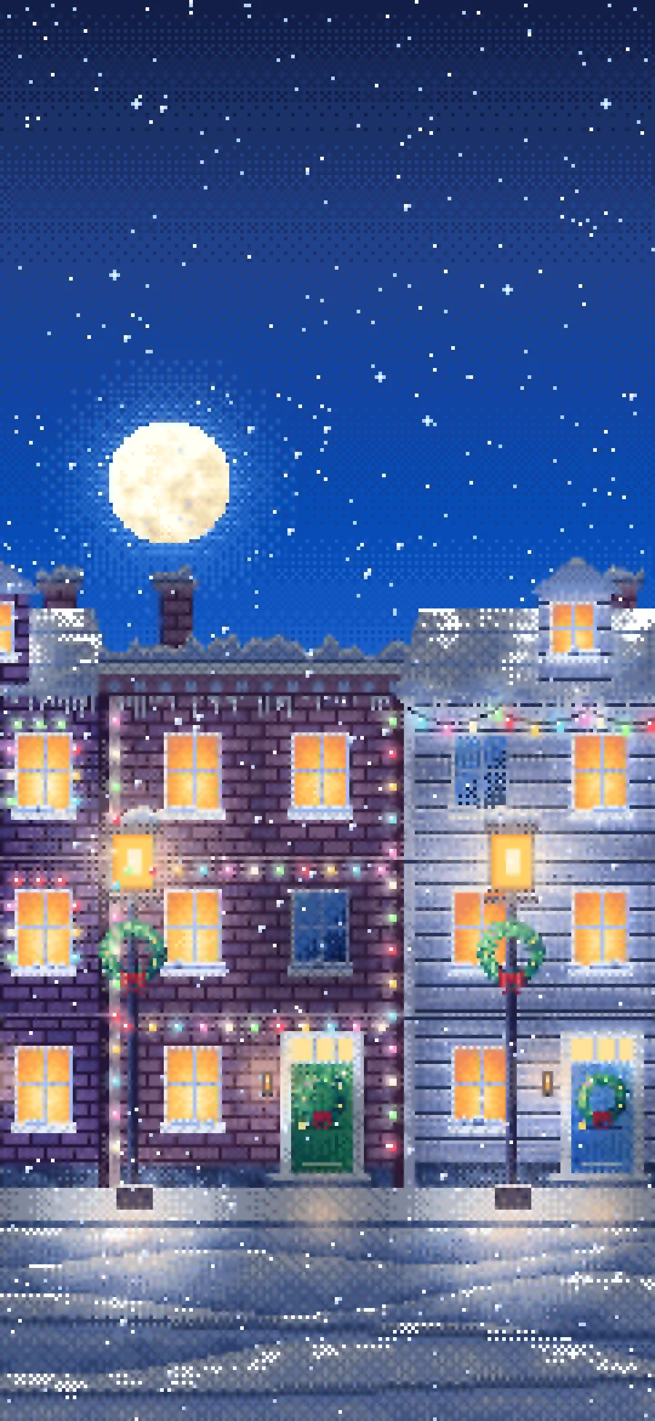 Blue Pixel Art Christmas Lights Street at Night wallpaper for iPhone and Android