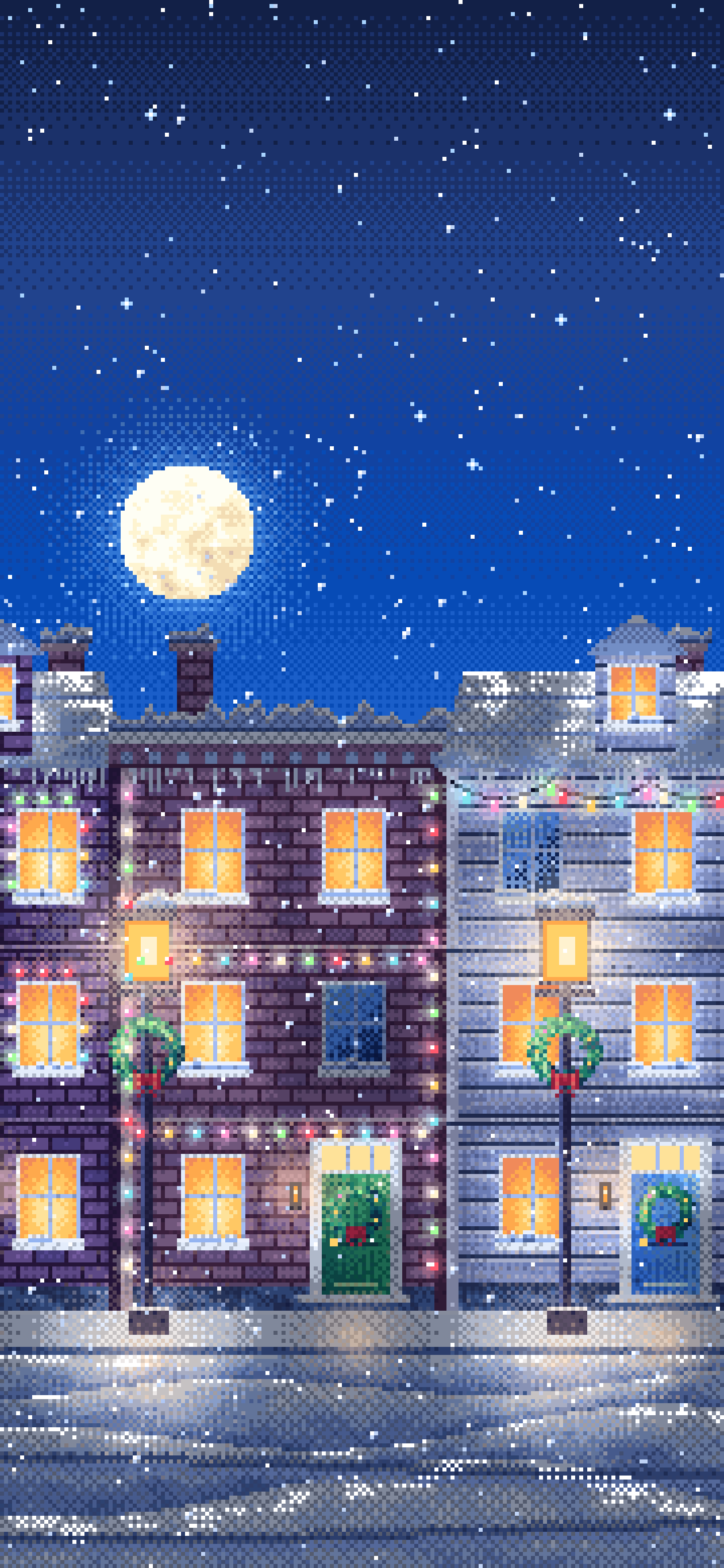Blue Pixel Art Christmas Lights Street at Night wallpaper for iPhone and Android