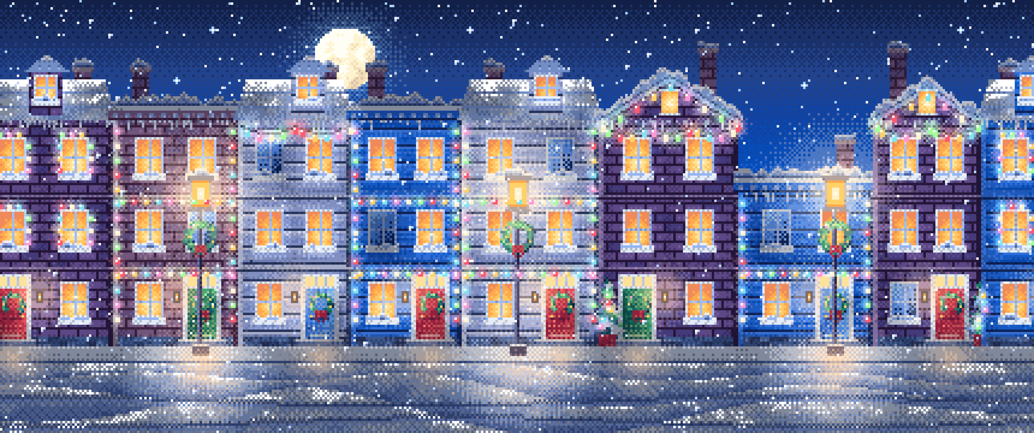 Blue Pixel Art Christmas Lights Street at Night ultrawide wallpaper, 3440 × 1440