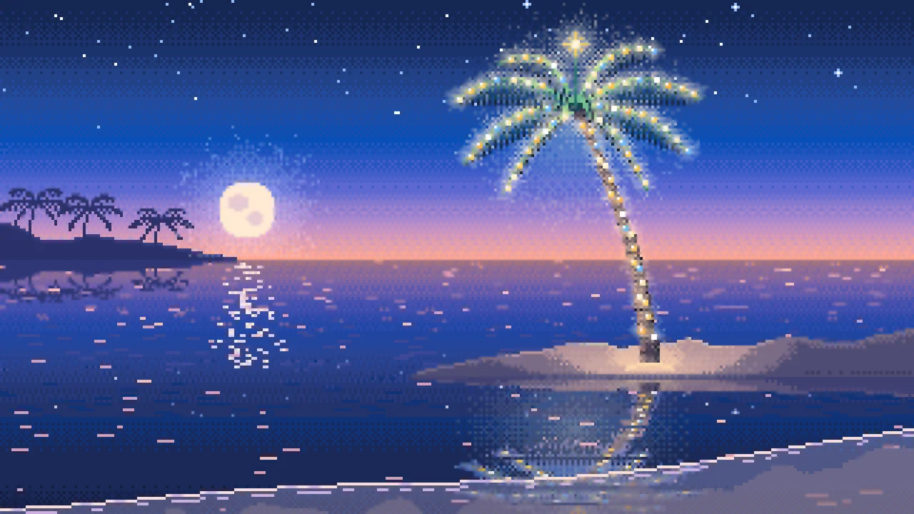 Blue Pixel Art Christmas Palm Tree on the Beach desktop wallpaper in 4K