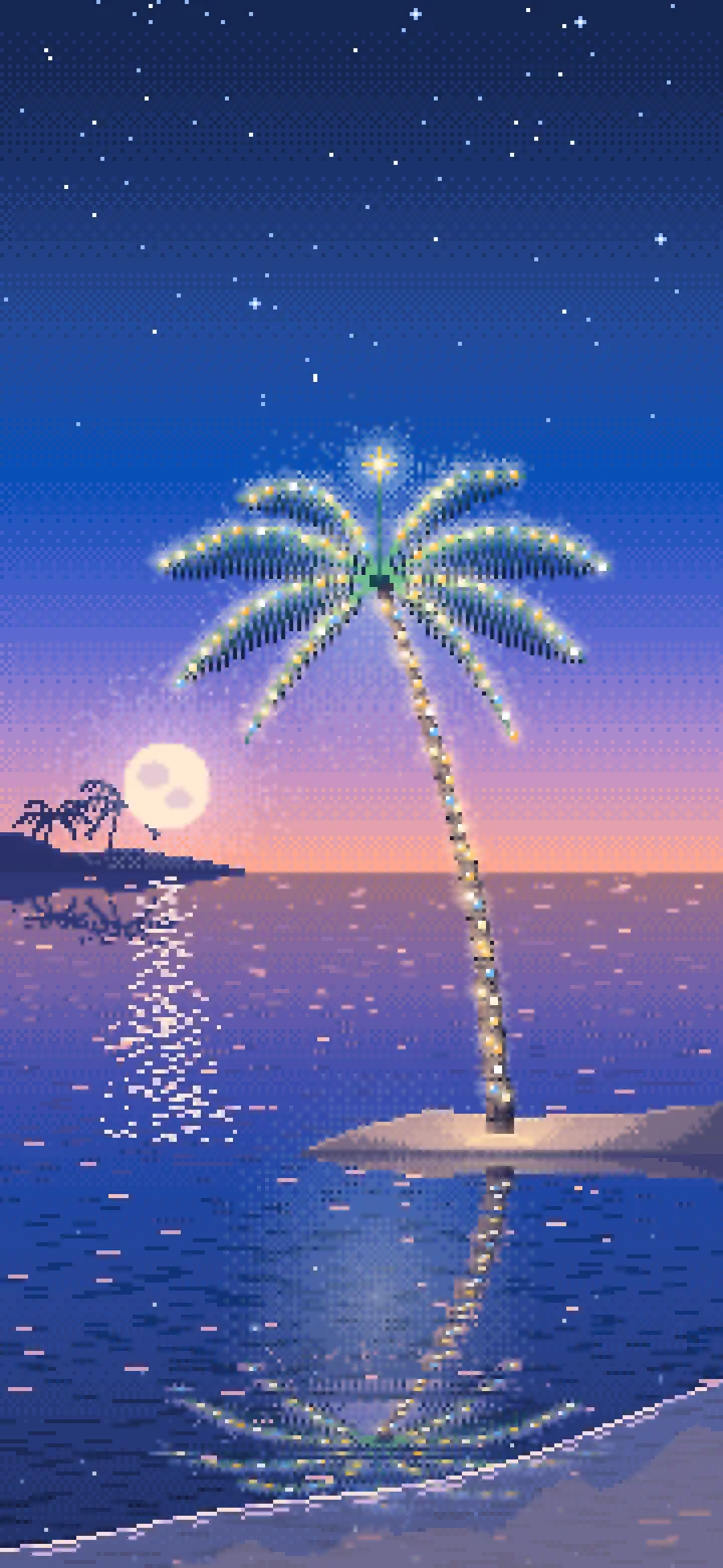 Blue Pixel Art Christmas Palm Tree on the Beach wallpaper for iPhone and Android