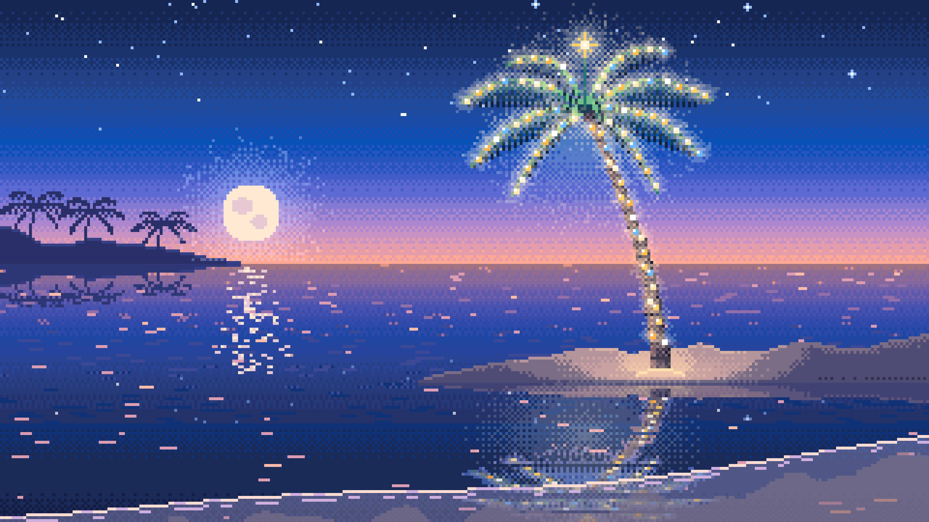 Blue Pixel Art Christmas Palm Tree on the Beach desktop wallpaper in 4K