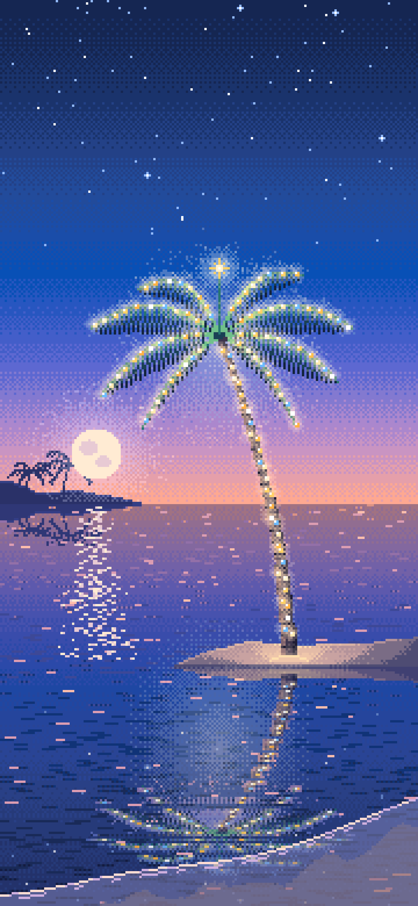 Blue Pixel Art Christmas Palm Tree on the Beach wallpaper for iPhone and Android