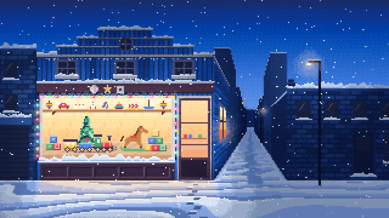Blue Pixel Art Christmas Toy Shop desktop wallpaper in 4K