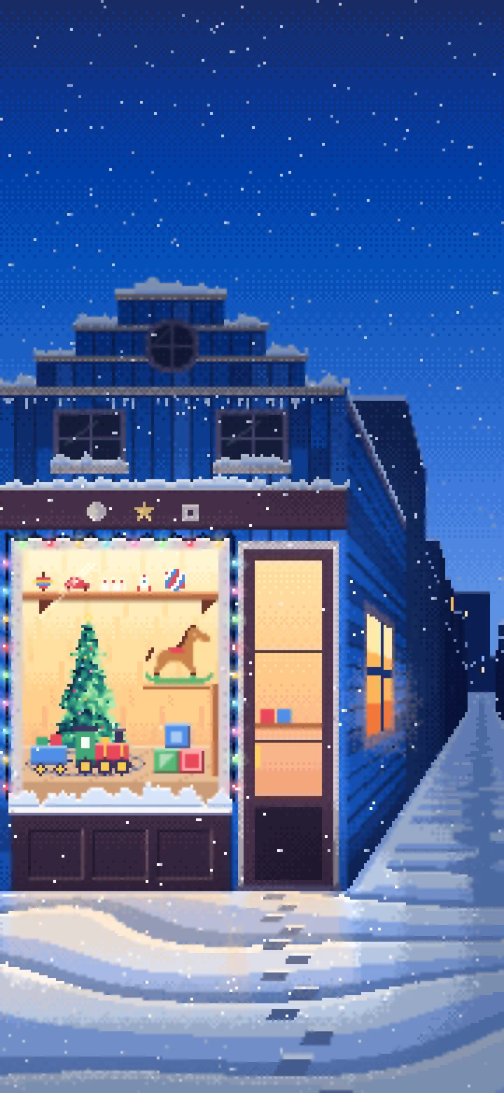 Blue Pixel Art Christmas Toy Shop wallpaper for iPhone and Android