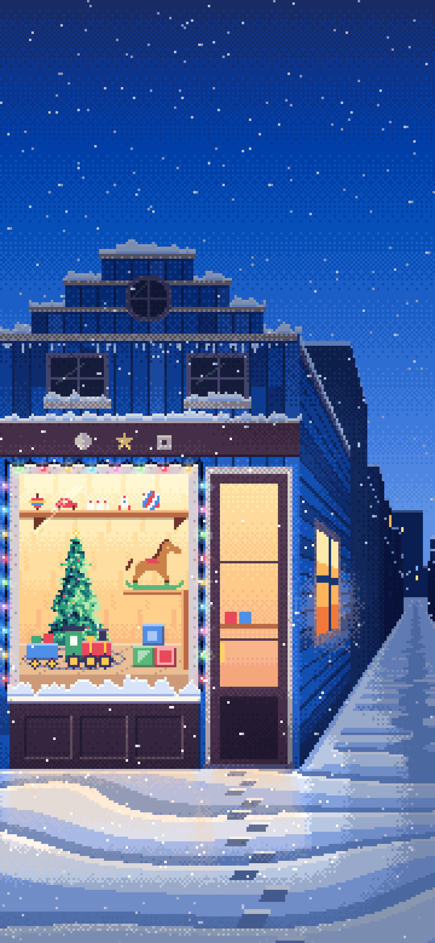 Blue Pixel Art Christmas Toy Shop wallpaper for iPhone and Android