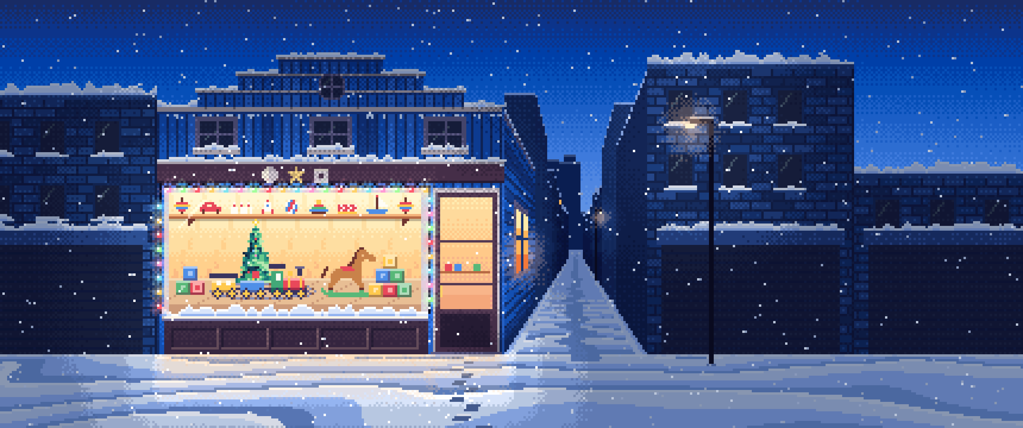 Blue Pixel Art Christmas Toy Shop ultrawide wallpaper, 3440 × 1440