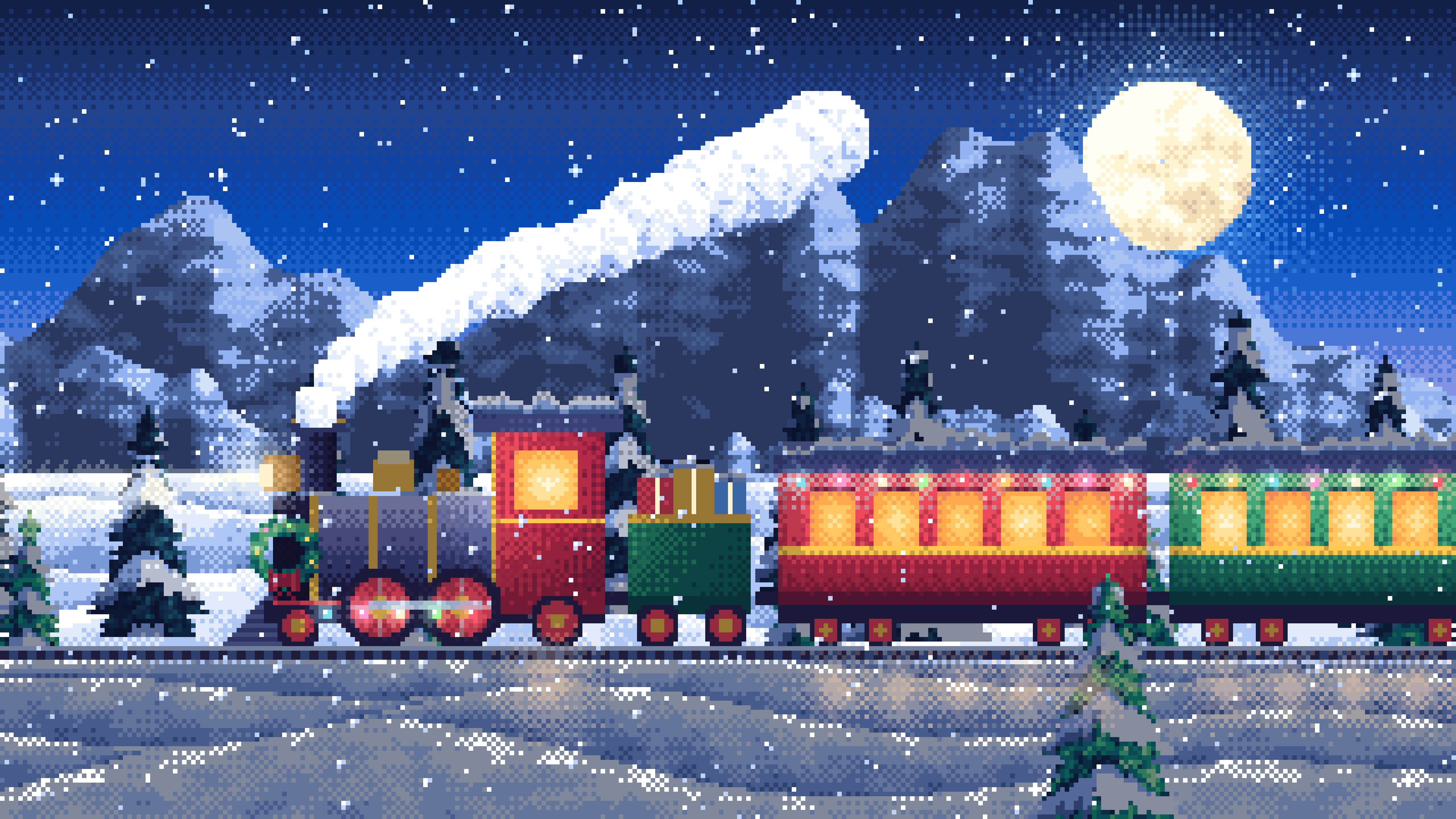 Blue Pixel Art Christmas Train in the Snow desktop wallpaper in 4K