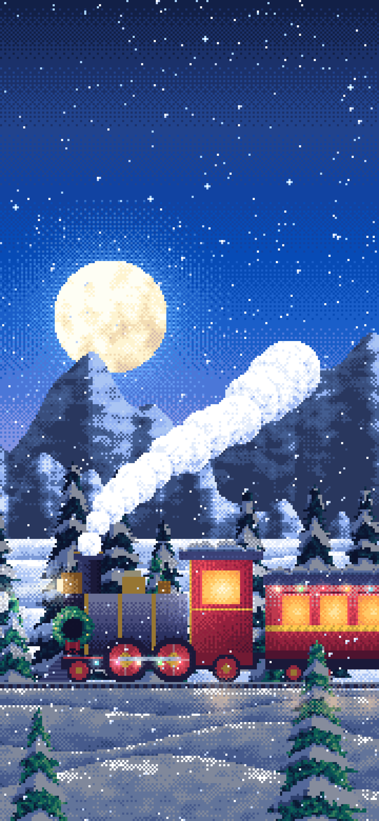Blue Pixel Art Christmas Train in the Snow wallpaper for iPhone and Android