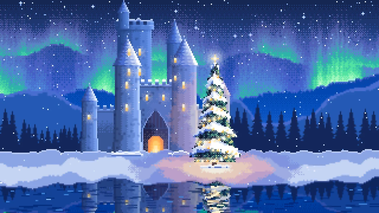 Blue Pixel Art Christmas Tree at a Fantasy Castle Gate desktop wallpaper in 4K