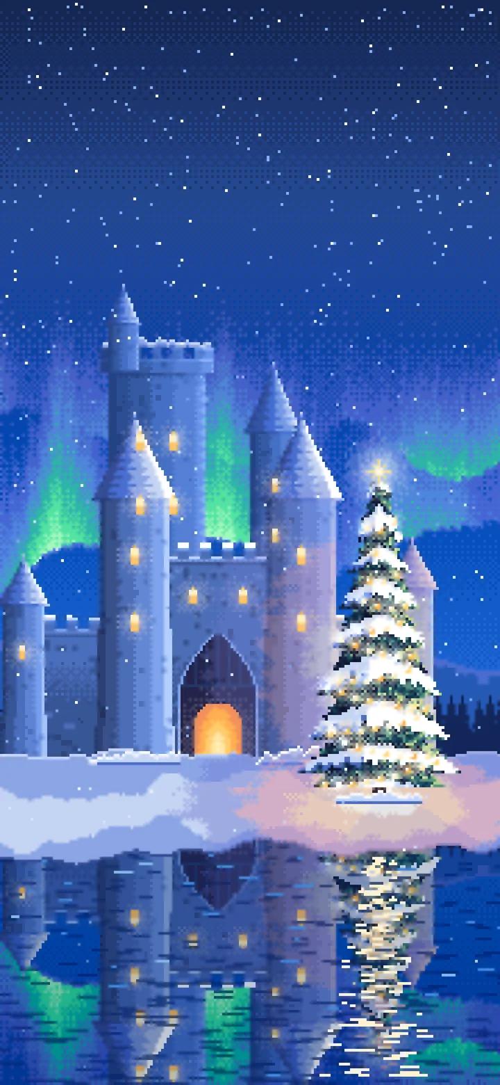 Blue Pixel Art Christmas Tree at a Fantasy Castle Gate wallpaper for iPhone and Android