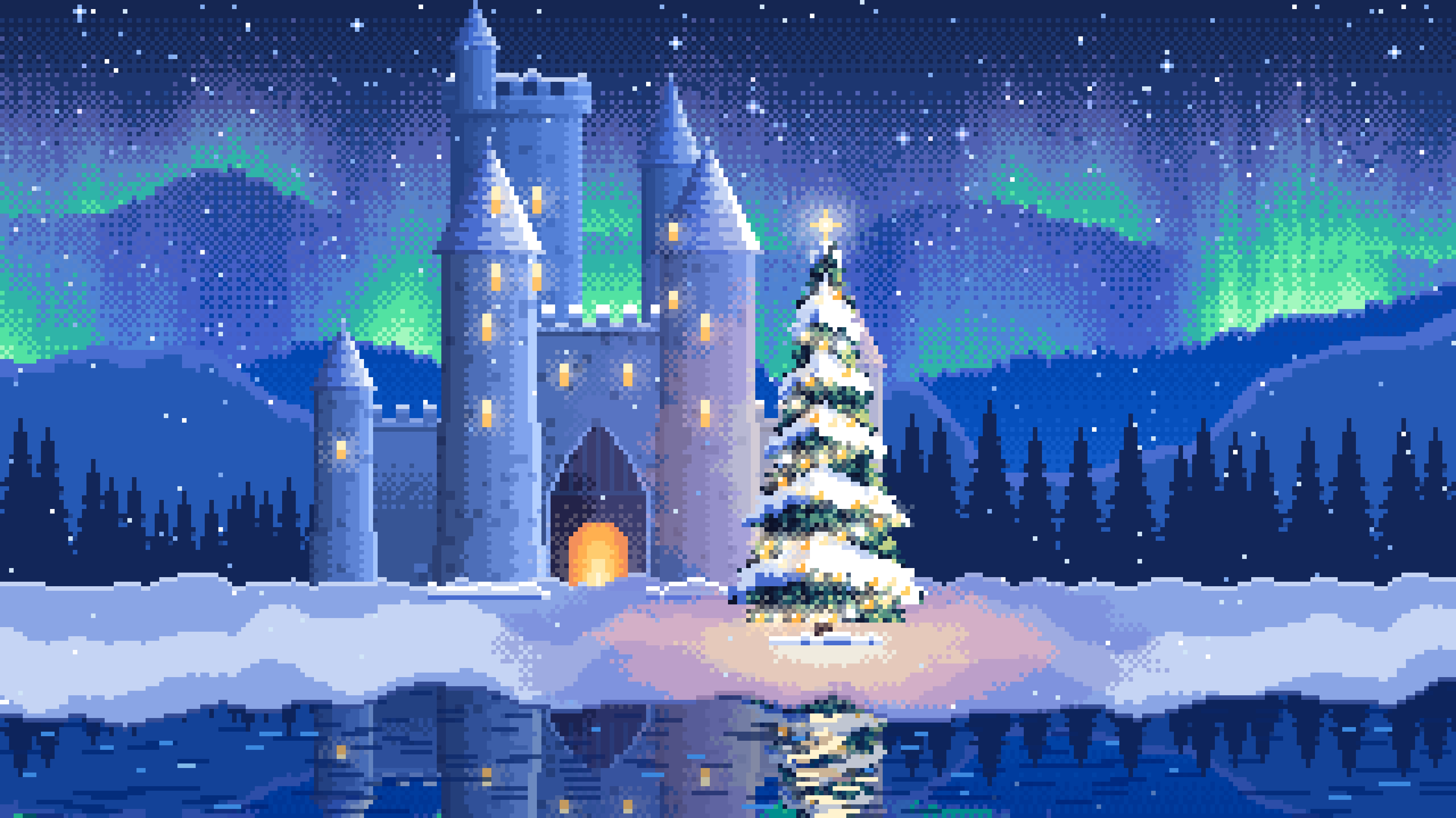 Blue Pixel Art Christmas Tree at a Fantasy Castle Gate desktop wallpaper in 4K