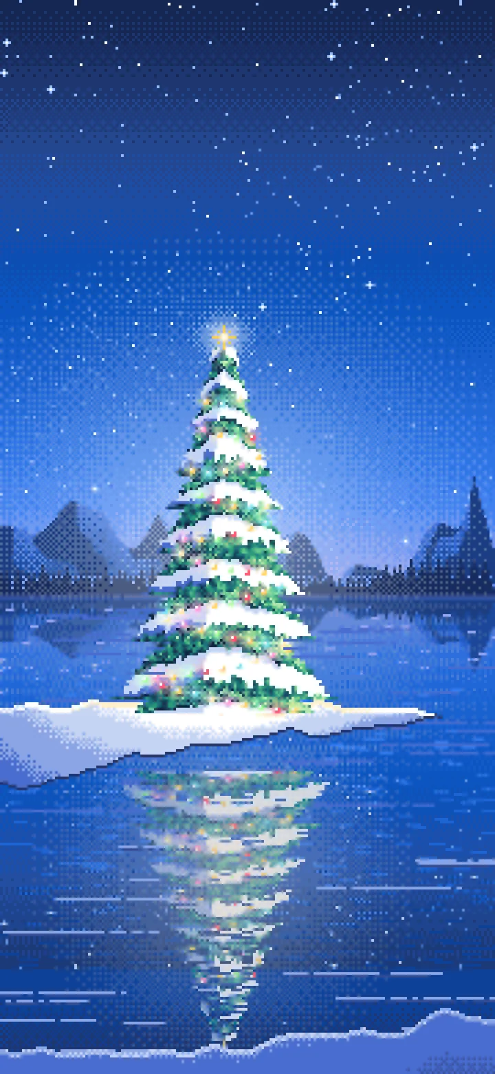 Blue Pixel Art Christmas Tree by a Frozen Lake wallpaper for iPhone and Android