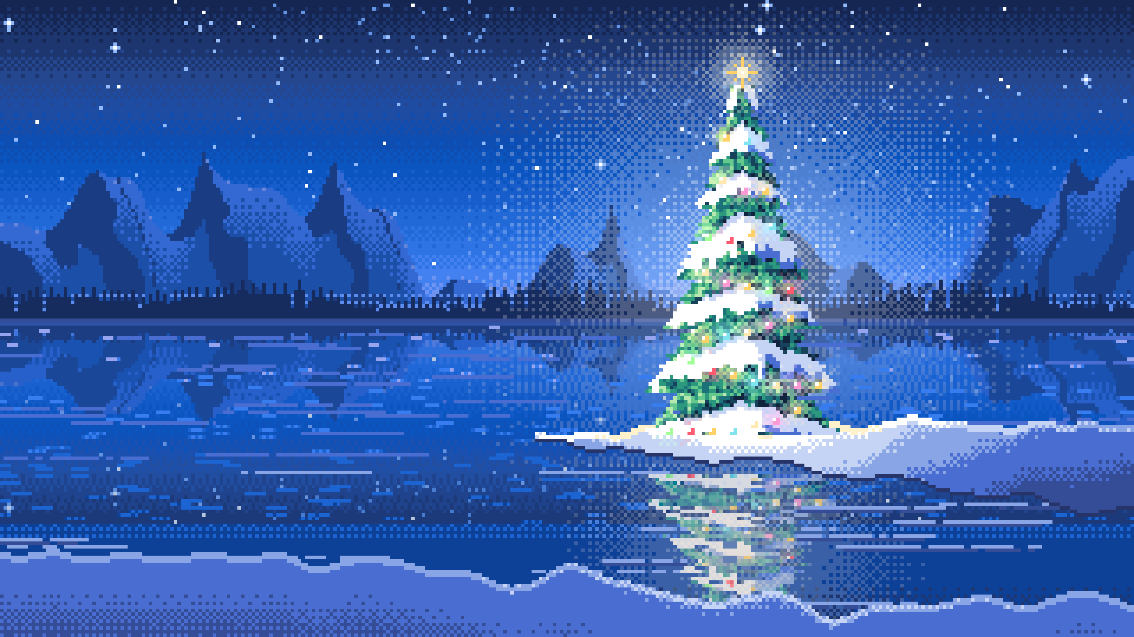 Blue Pixel Art Christmas Tree by a Frozen Lake desktop wallpaper in 4K