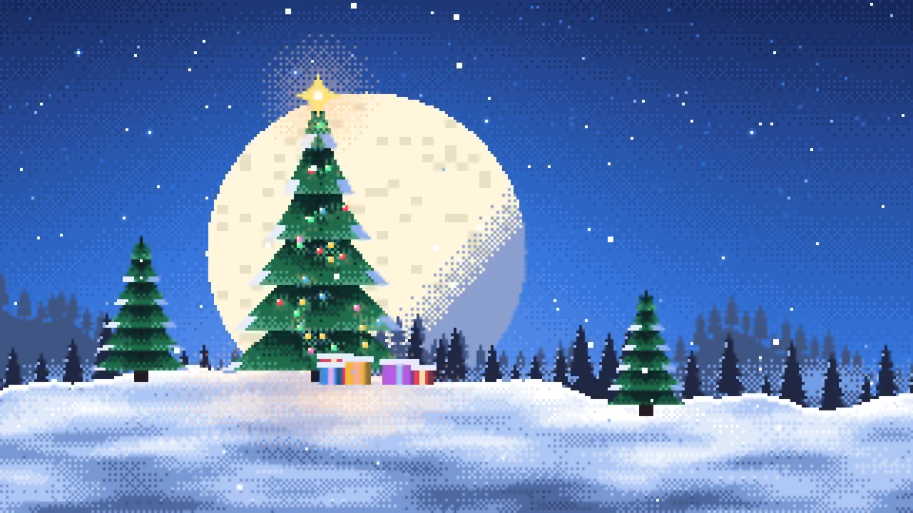 Blue Pixel Art Christmas Tree desktop wallpaper in 4K