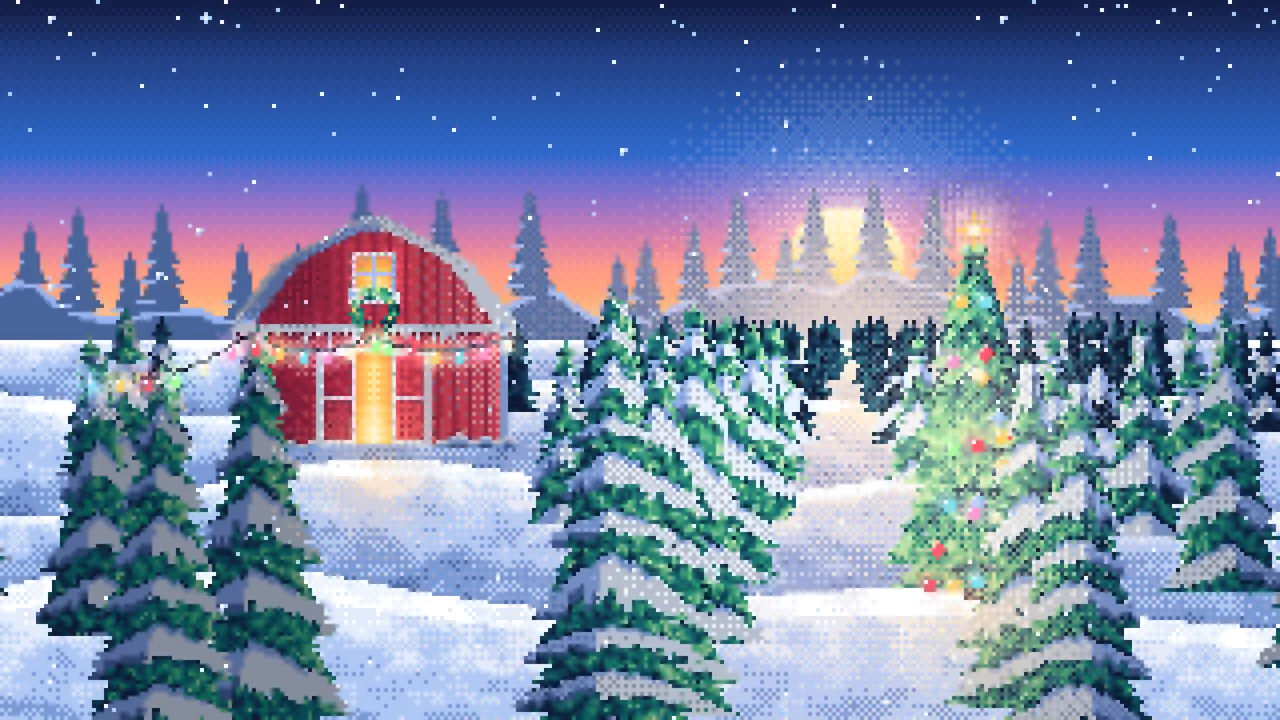 Blue Pixel Art Christmas Tree Farm at Dusk desktop wallpaper in 4K