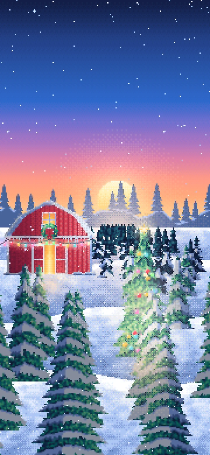 Blue Pixel Art Christmas Tree Farm at Dusk wallpaper for iPhone and Android