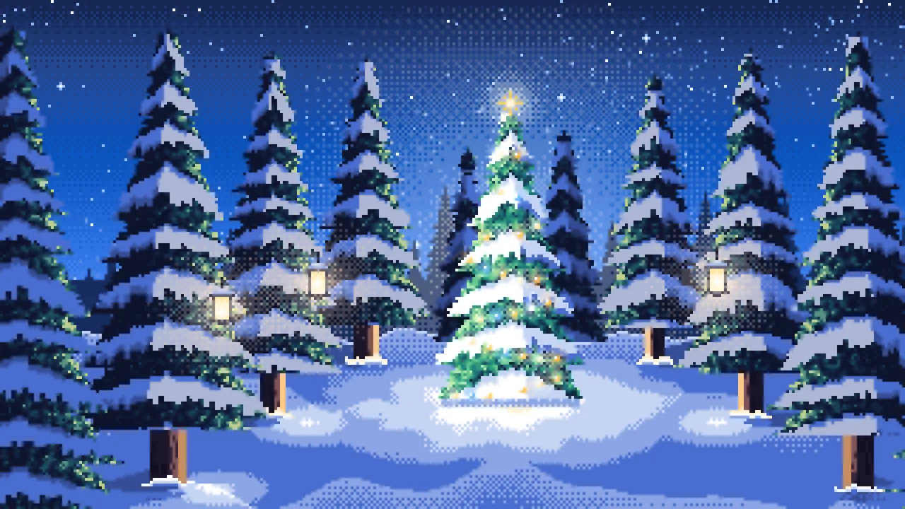Blue Pixel Art Christmas Tree in a Forest Clearing desktop wallpaper in 4K