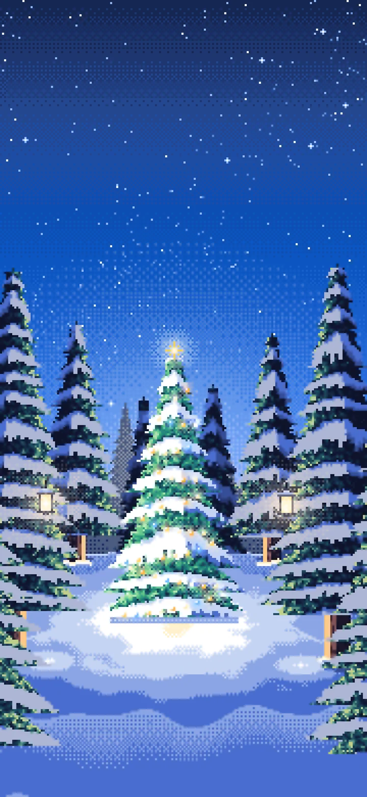 Blue Pixel Art Christmas Tree in a Forest Clearing wallpaper for iPhone and Android