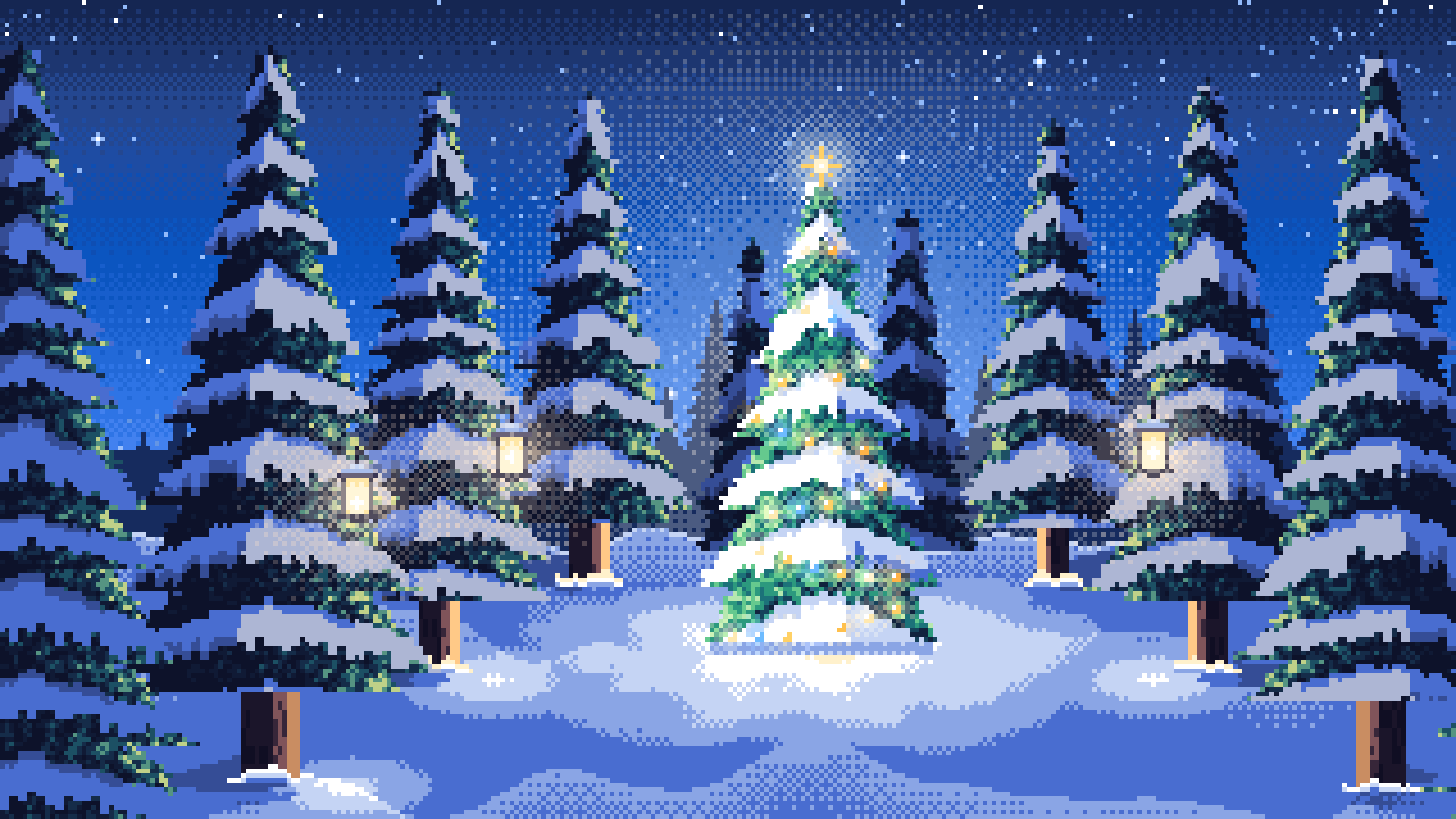 Blue Pixel Art Christmas Tree in a Forest Clearing desktop wallpaper in 4K