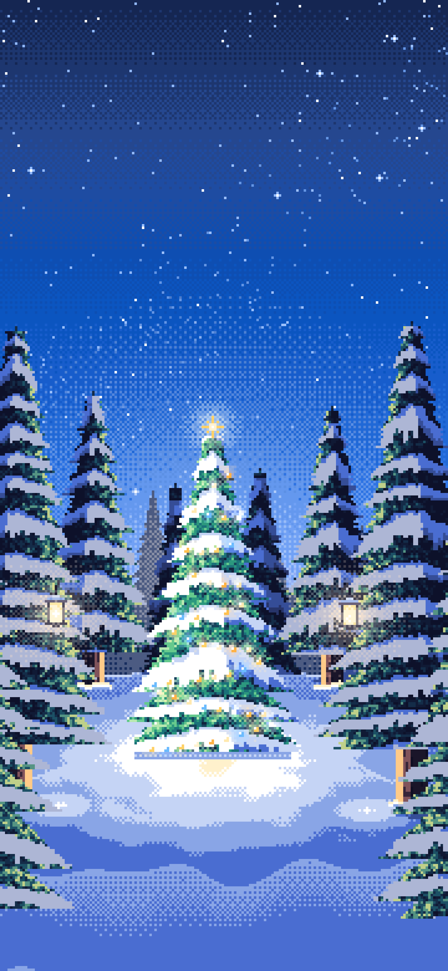 Blue Pixel Art Christmas Tree in a Forest Clearing wallpaper for iPhone and Android