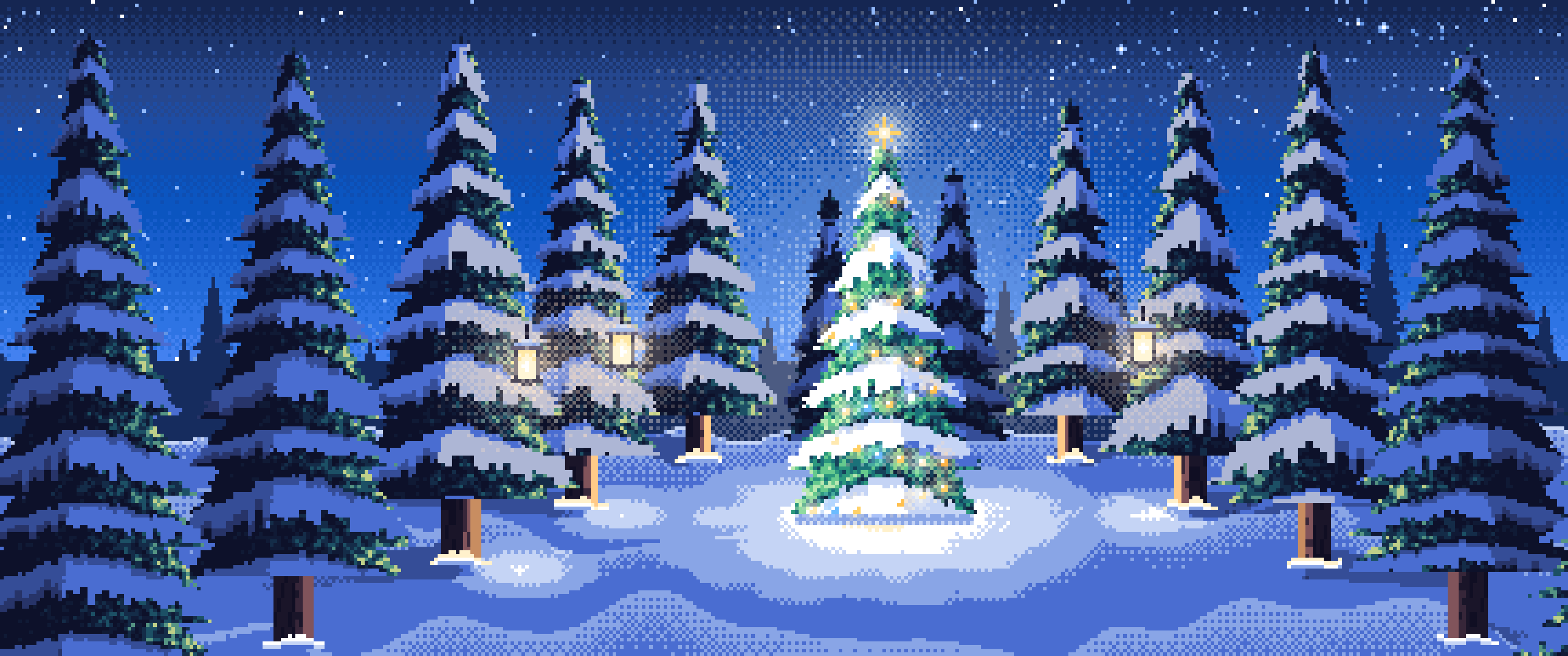 Blue Pixel Art Christmas Tree in a Forest Clearing ultrawide wallpaper, 3440 × 1440