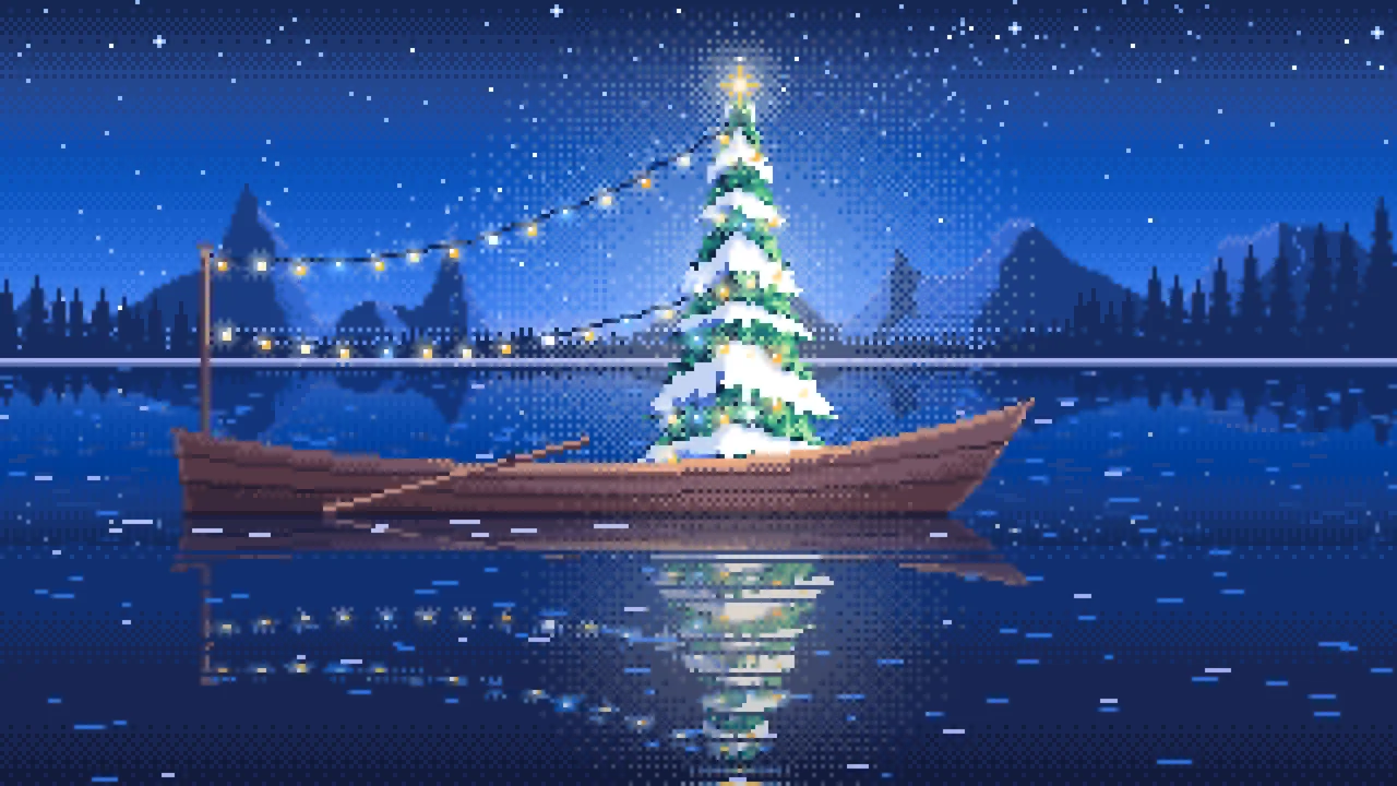 Blue Pixel Art Christmas Tree in a Rowboat on a Lake desktop wallpaper in 4K