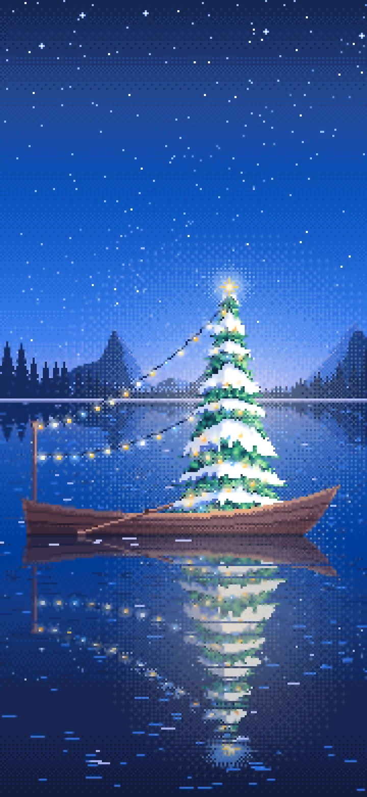 Blue Pixel Art Christmas Tree in a Rowboat on a Lake wallpaper for iPhone and Android