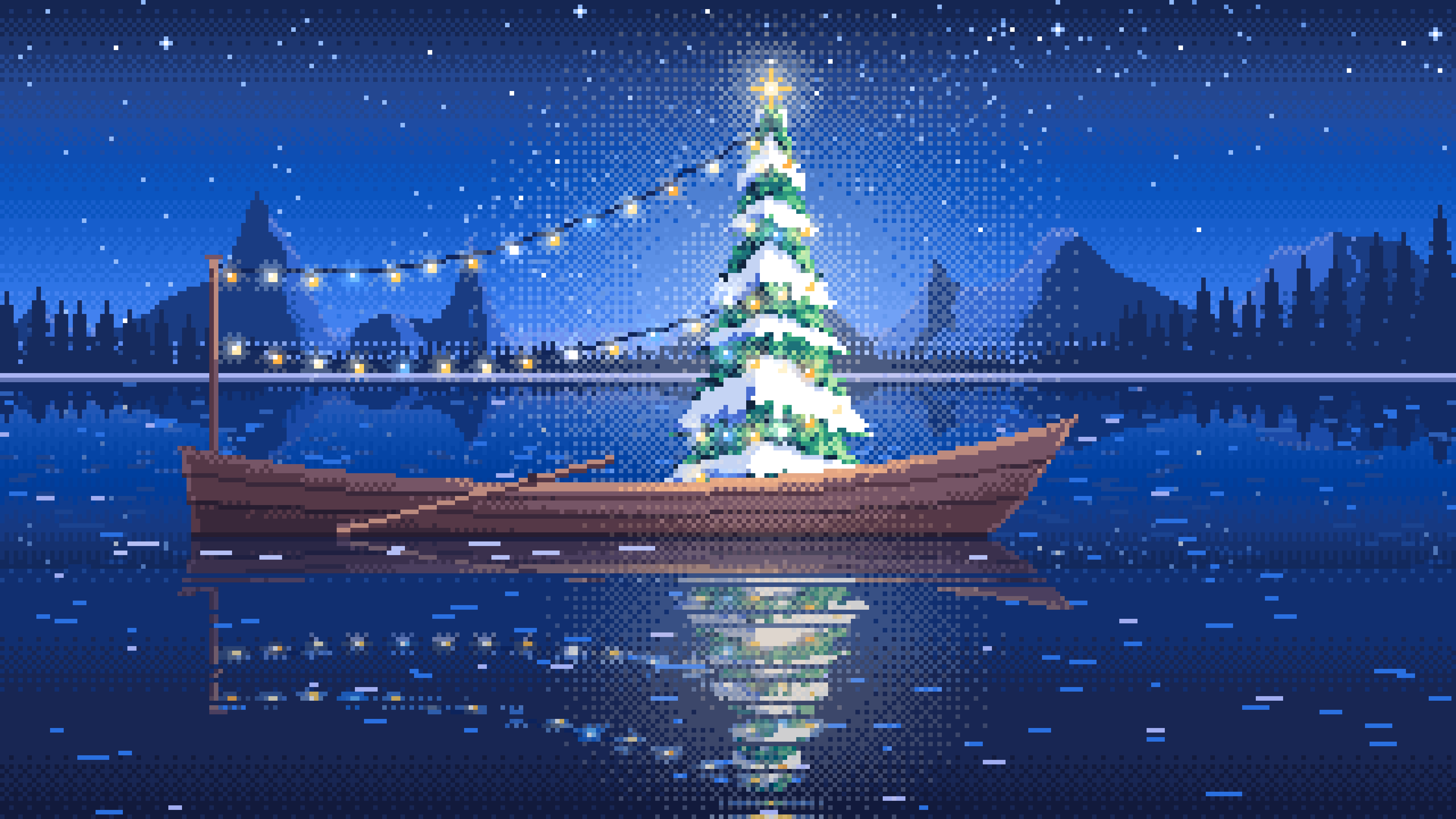 Blue Pixel Art Christmas Tree in a Rowboat on a Lake desktop wallpaper in 4K