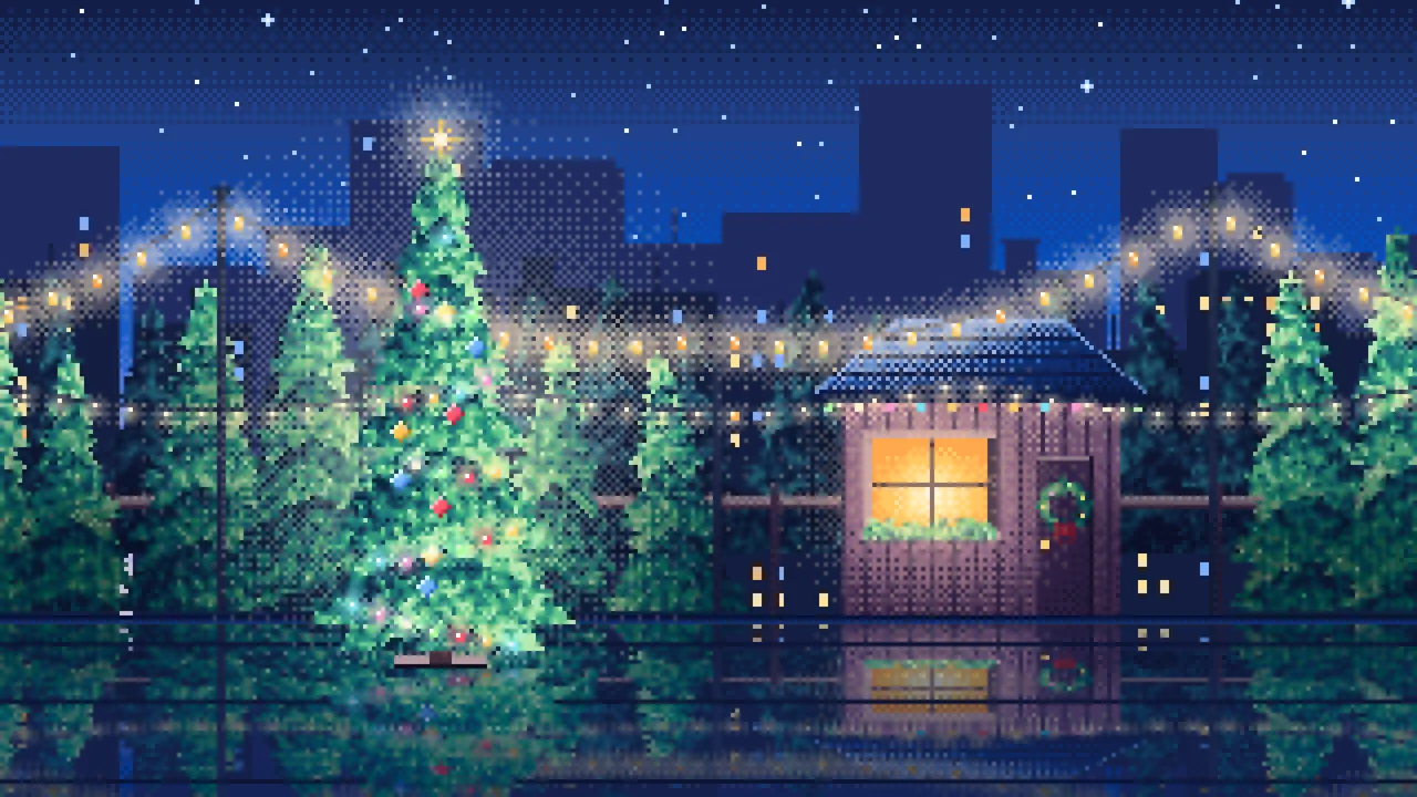 Blue Pixel Art Christmas Tree Lot at Night desktop wallpaper in 4K