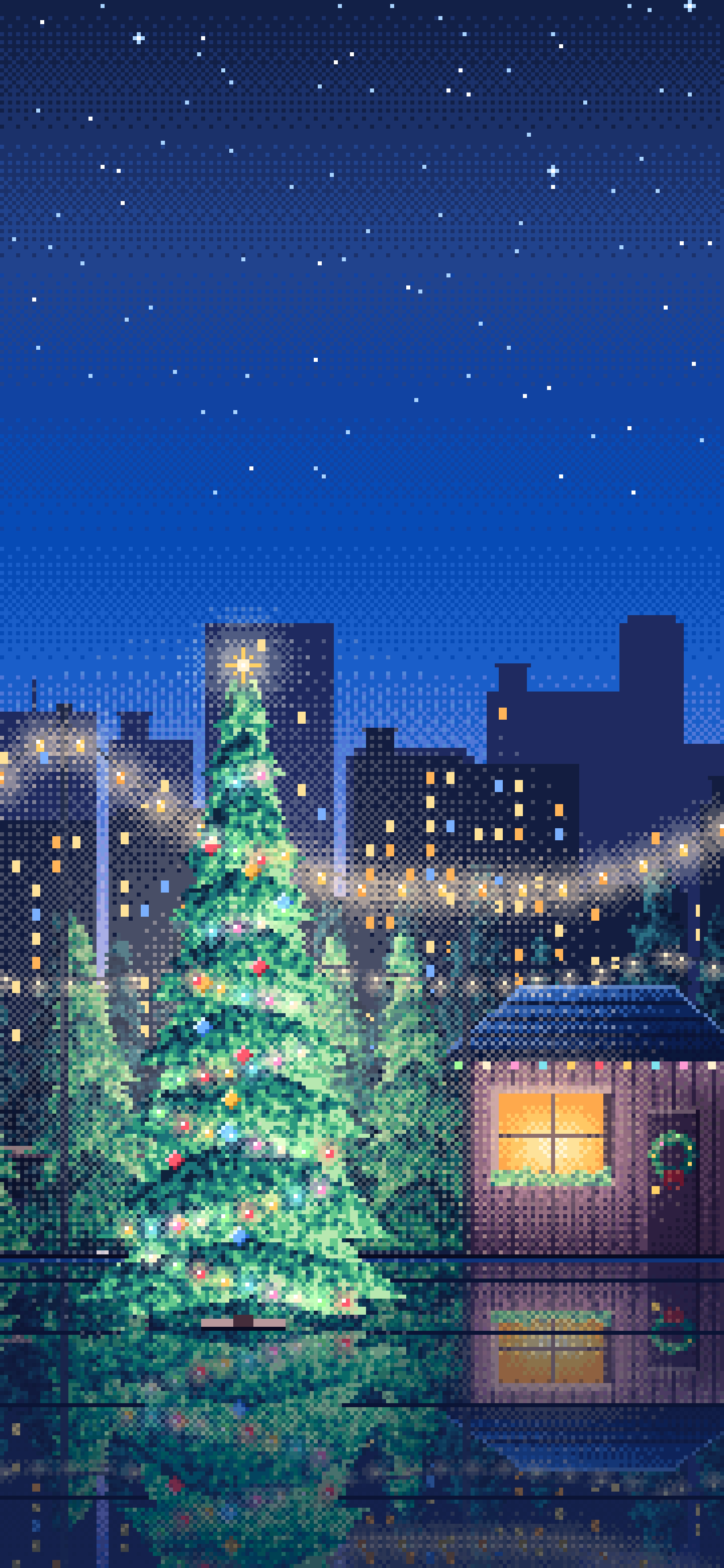 Blue Pixel Art Christmas Tree Lot at Night wallpaper for iPhone and Android