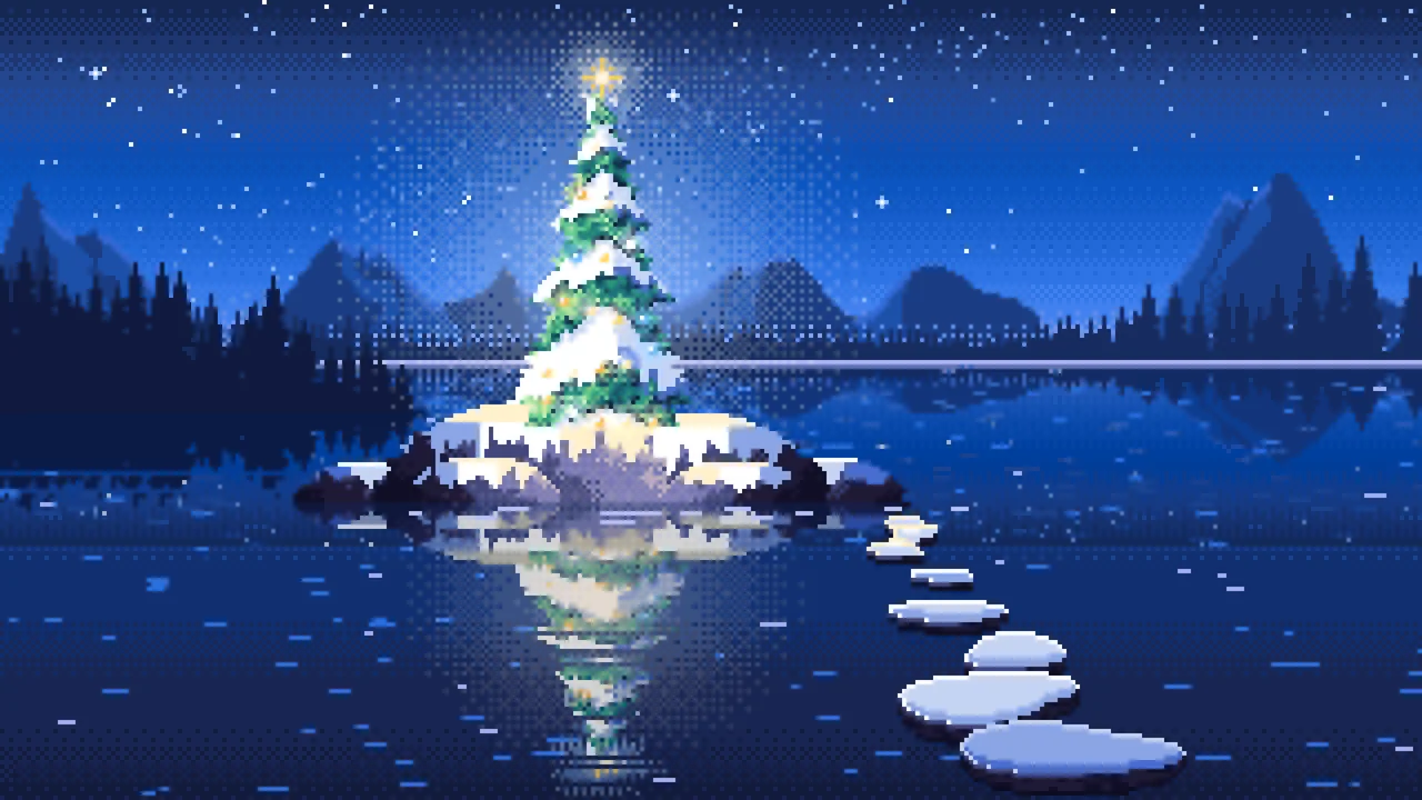 Blue Pixel Art Christmas Tree on a Lake Island desktop wallpaper in 4K
