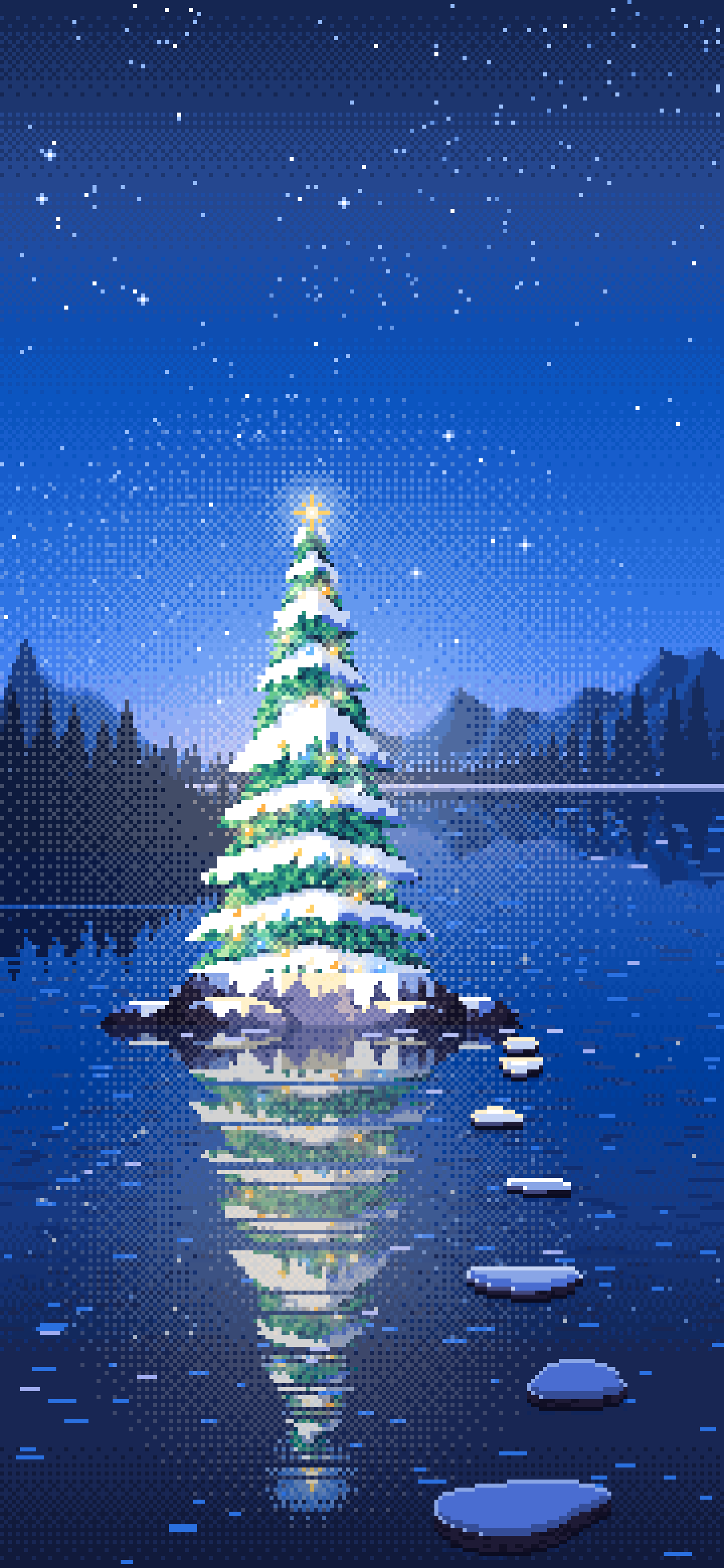 Blue Pixel Art Christmas Tree on a Lake Island wallpaper for iPhone and Android