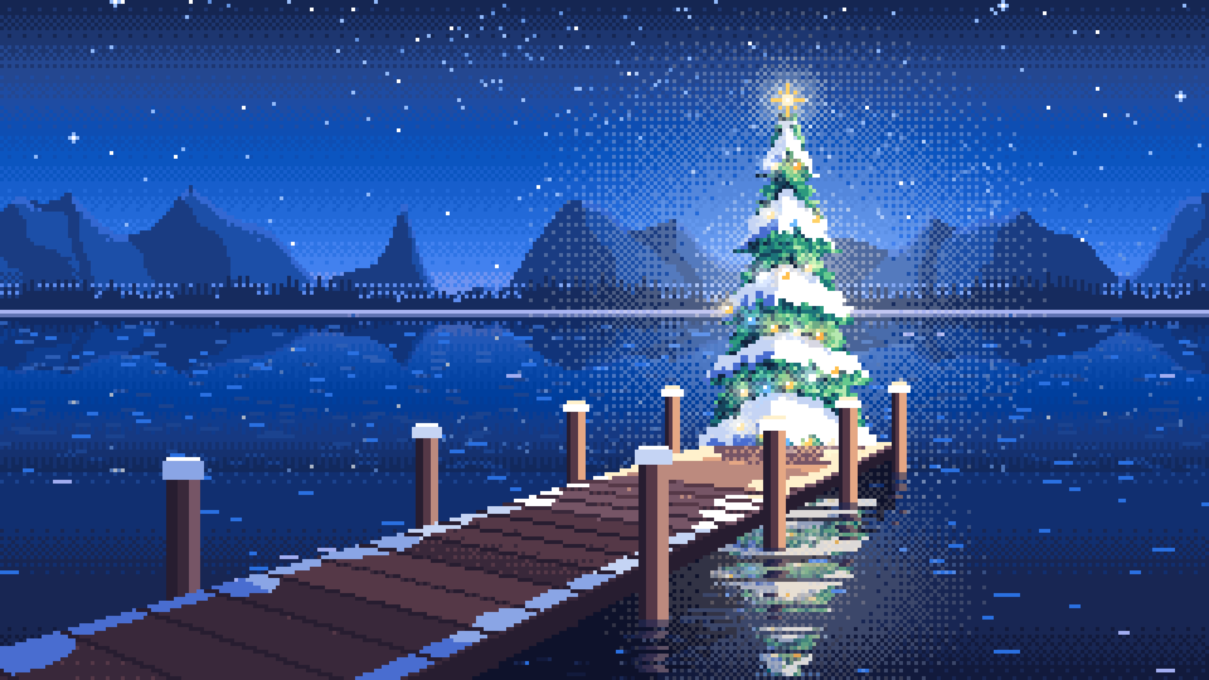 Blue Pixel Art Christmas Tree on a Lake Jetty desktop wallpaper in 4K