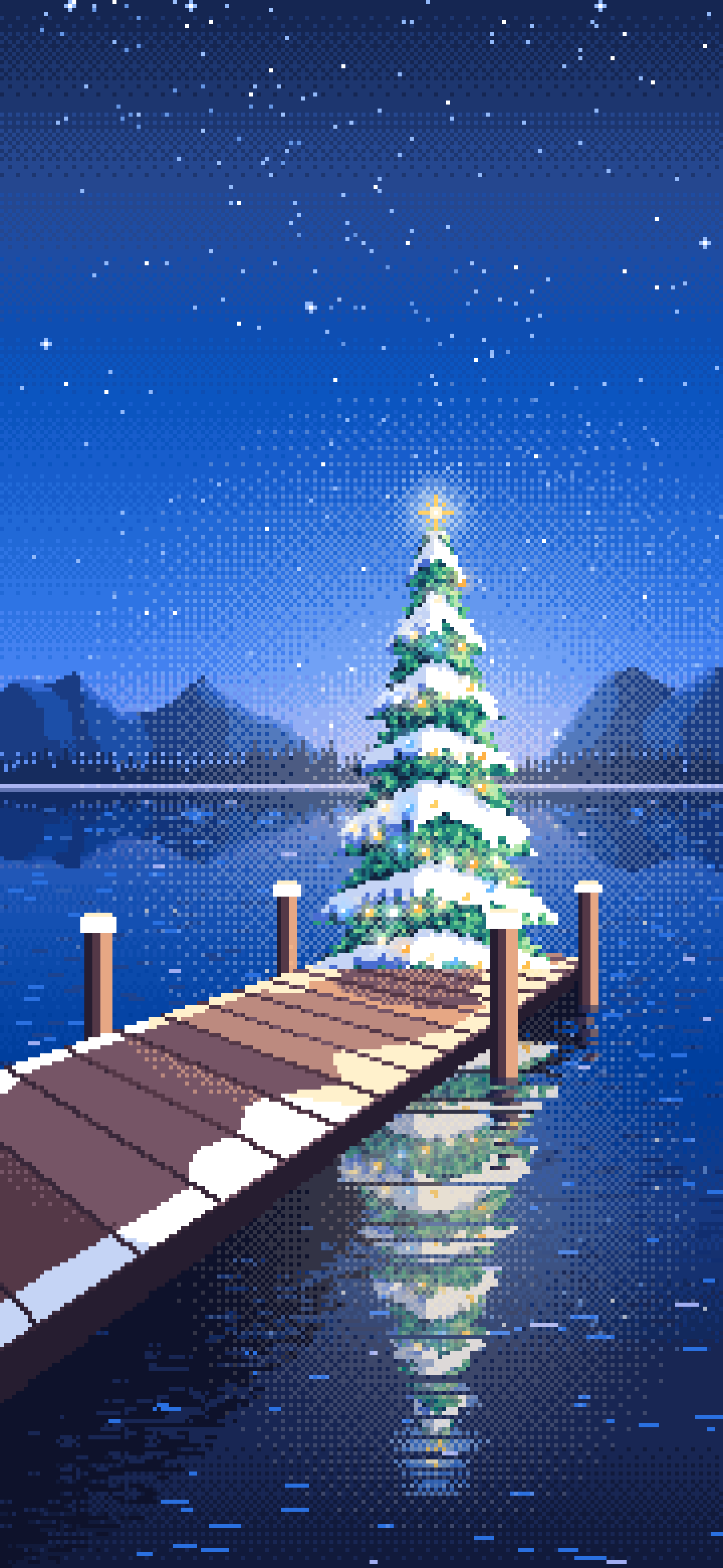 Blue Pixel Art Christmas Tree on a Lake Jetty wallpaper for iPhone and Android