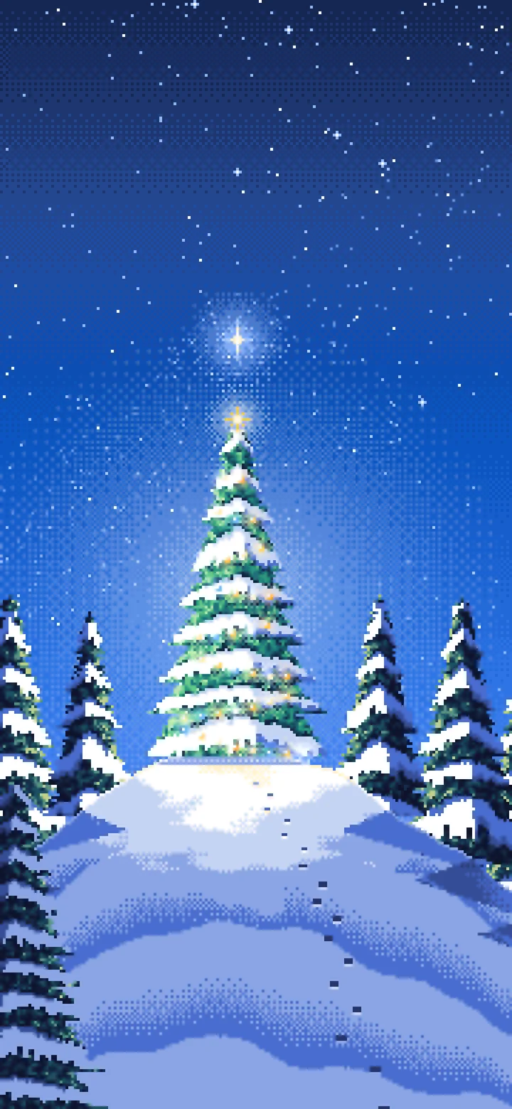Blue Pixel Art Christmas Tree on a Snowy Hilltop wallpaper for iPhone and Android