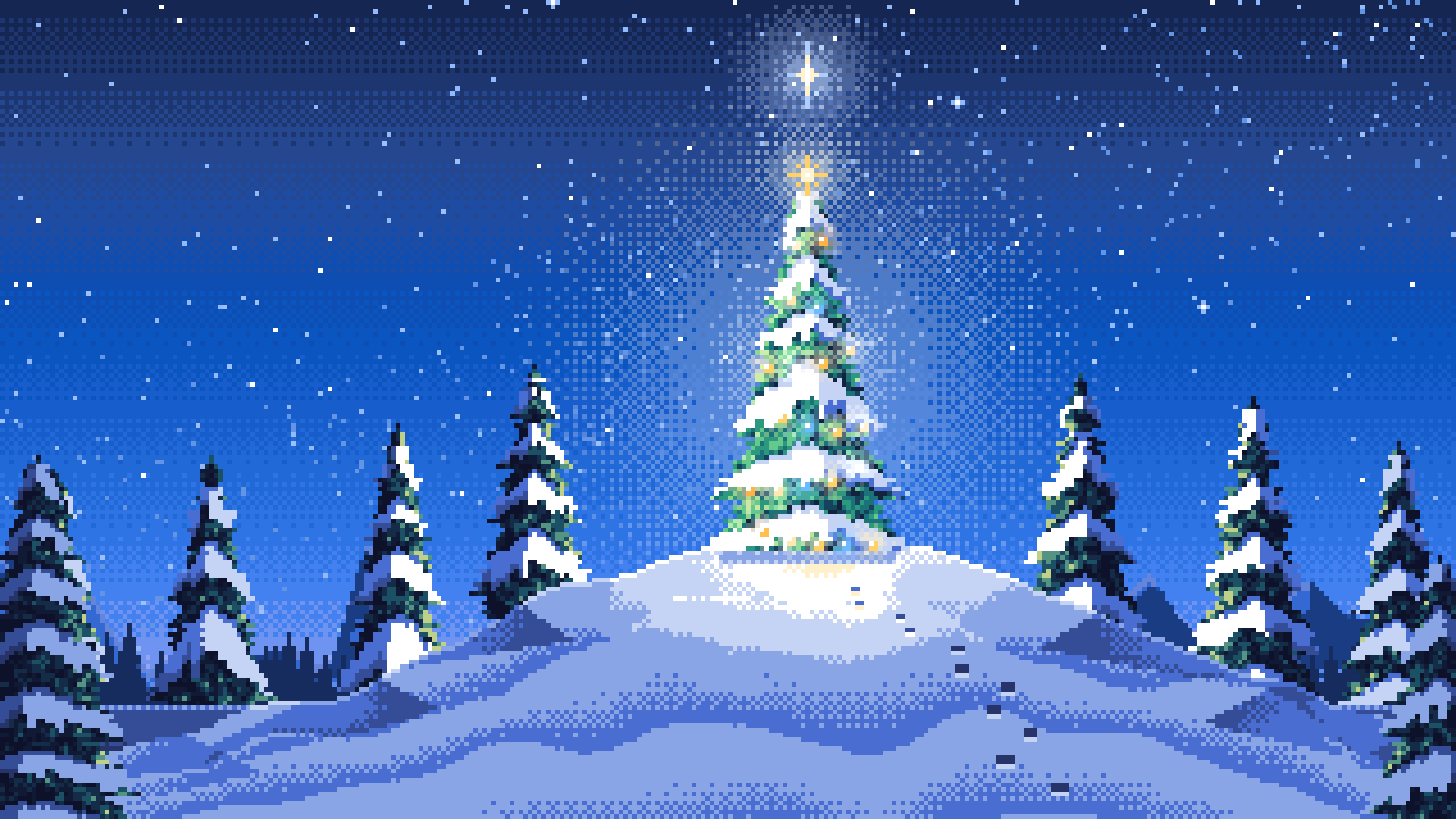 Blue Pixel Art Christmas Tree on a Snowy Hilltop desktop wallpaper in 4K