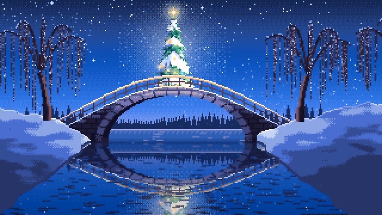 Blue Pixel Art Christmas Tree on a Stone Footbridge desktop wallpaper in 4K