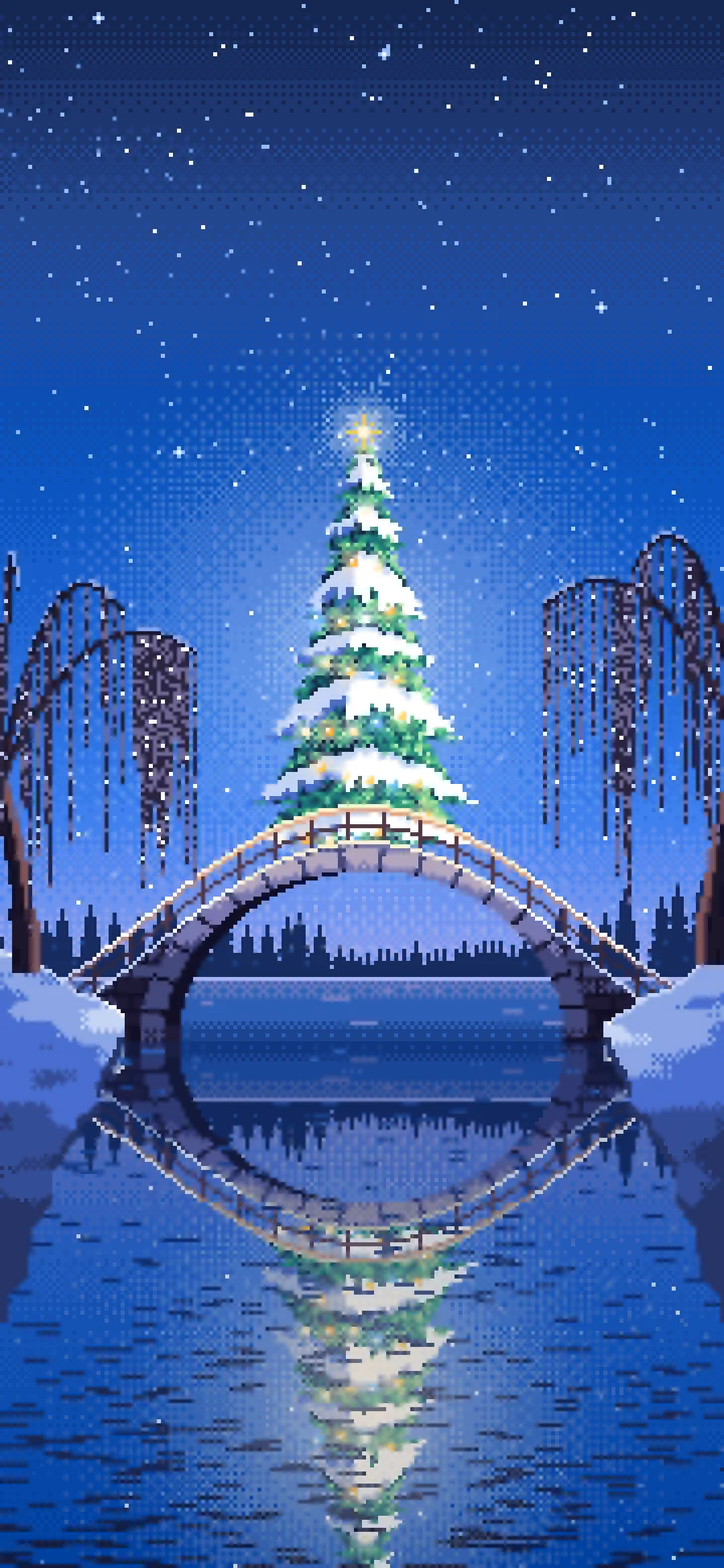 Blue Pixel Art Christmas Tree on a Stone Footbridge wallpaper for iPhone and Android